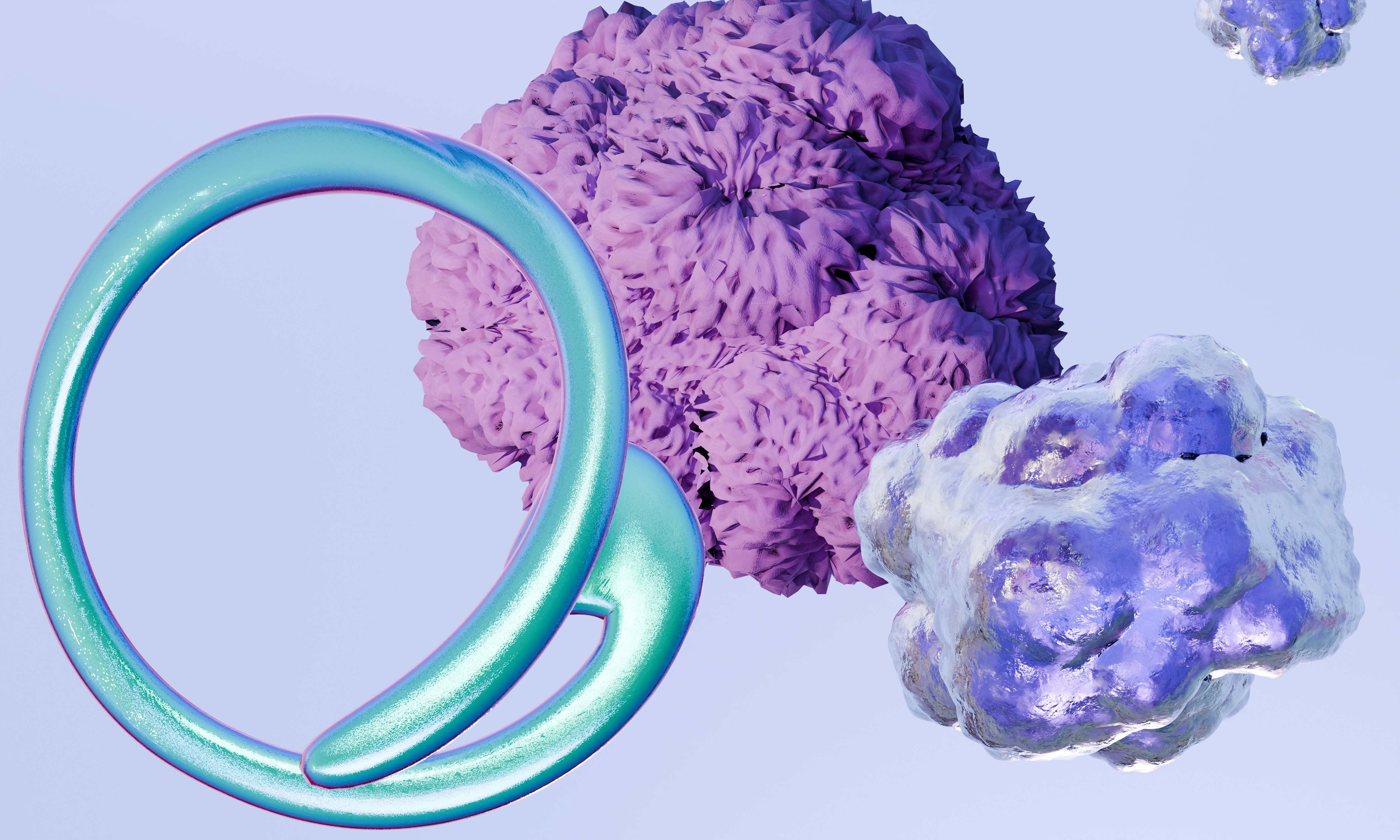 A metallic teal ring beside a purple textured sphere and a glossy blue cloud