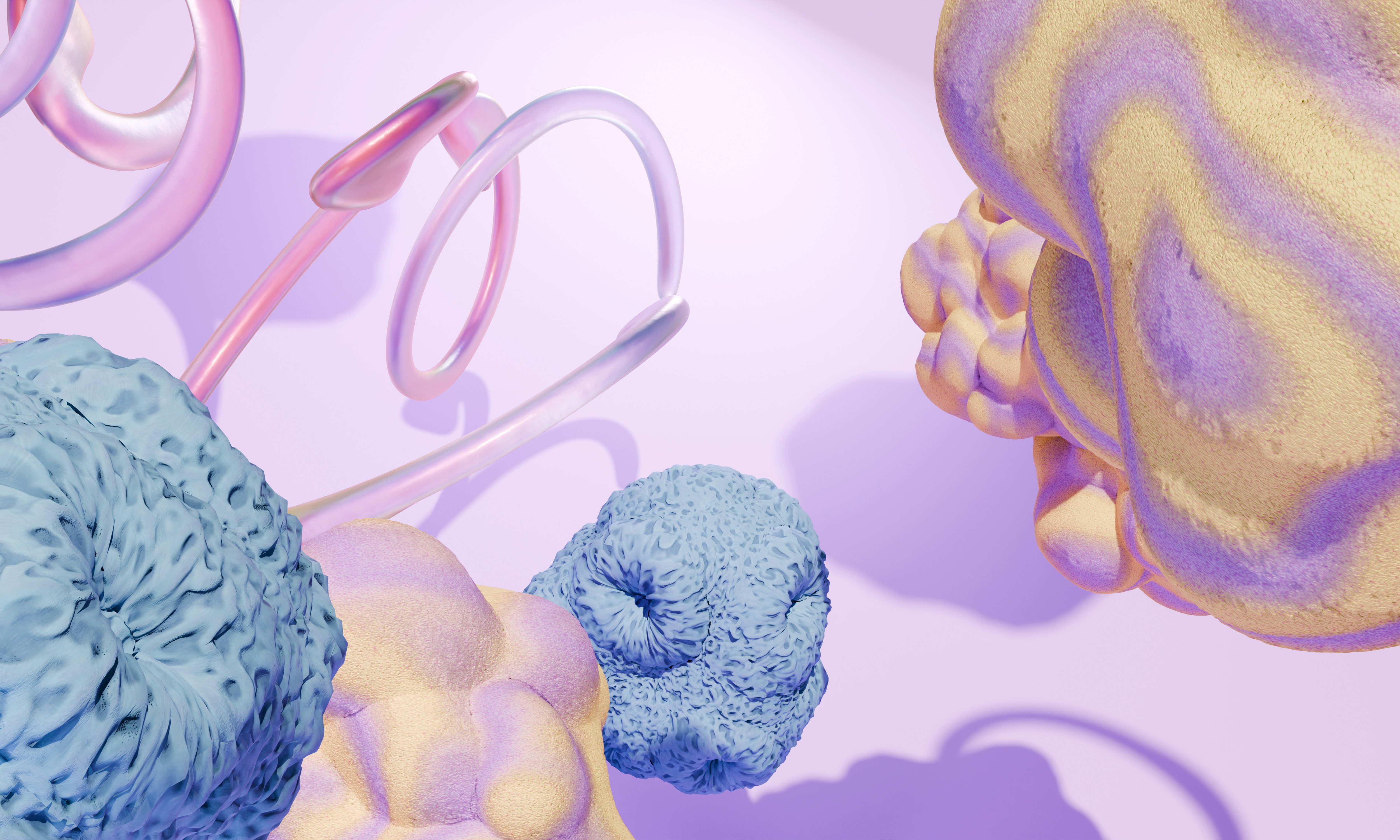 Formes organiques abstraites bleues et violettes avec des boucles roses translucides sur un fond lavande
