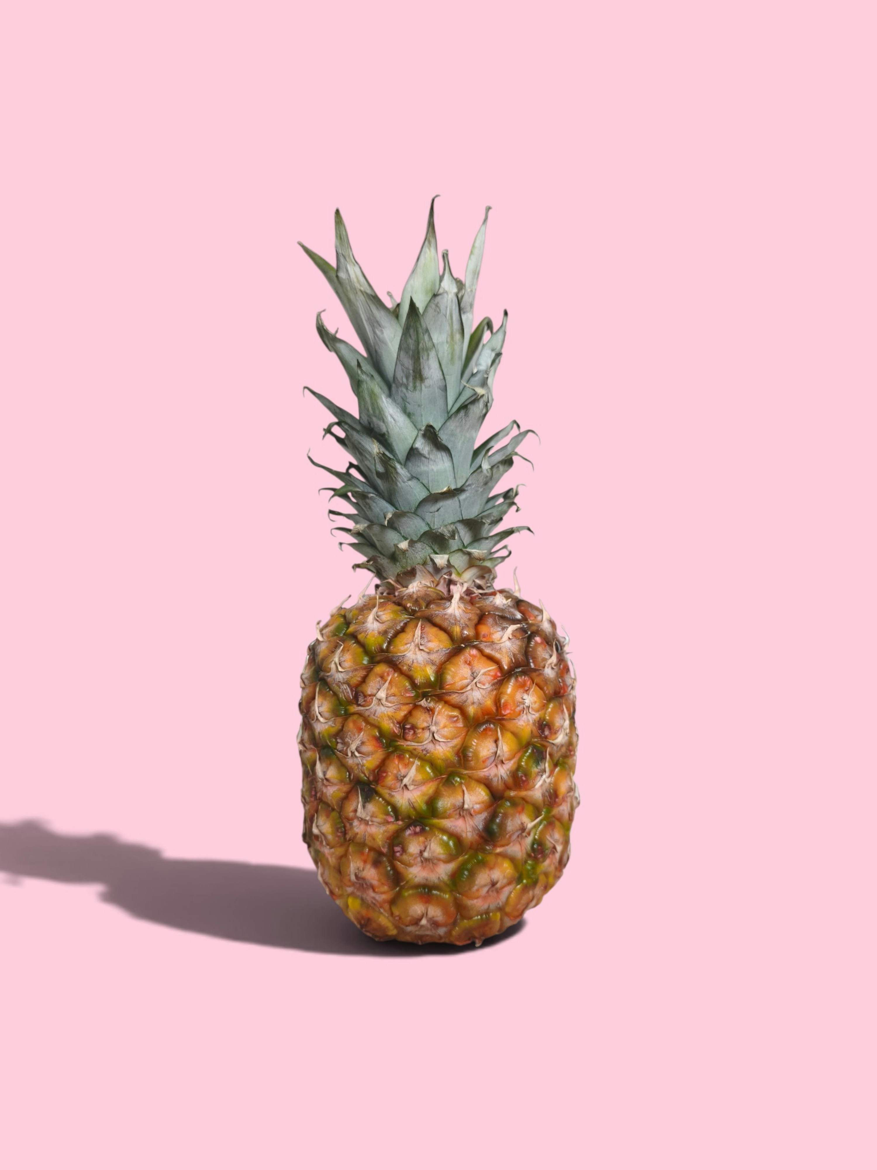 A whole pineapple with green leaves on a solid pink background