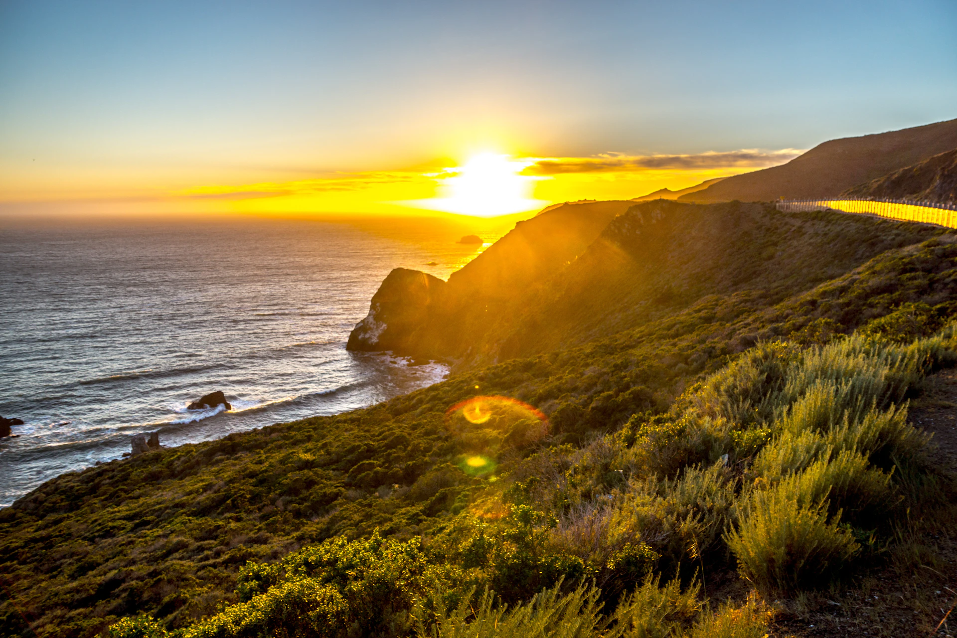 Example edit: golden light over a coastal cliff, then a drive, a walk and a sunset