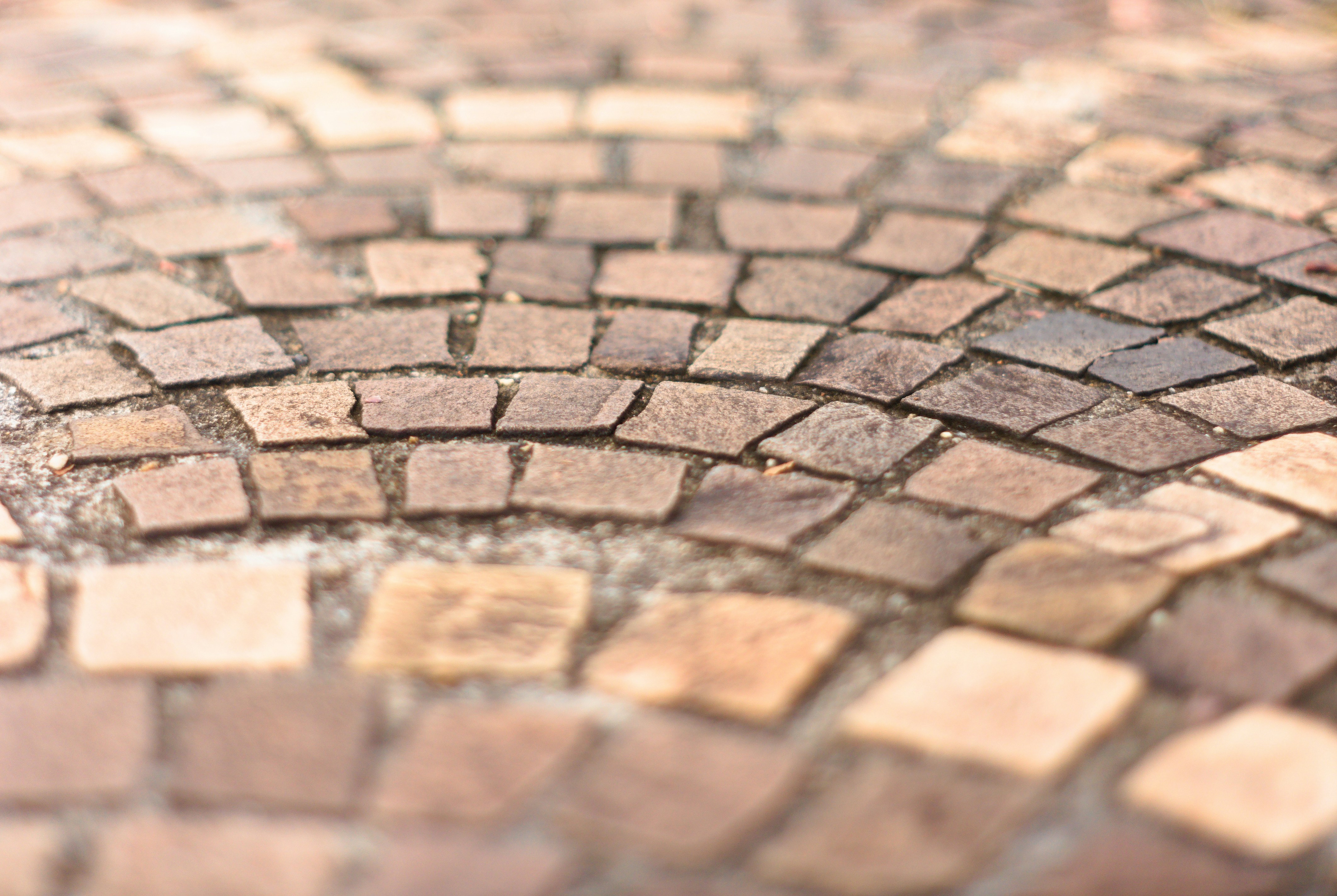 A curved pattern of weathered brown stone pavers on a walkway