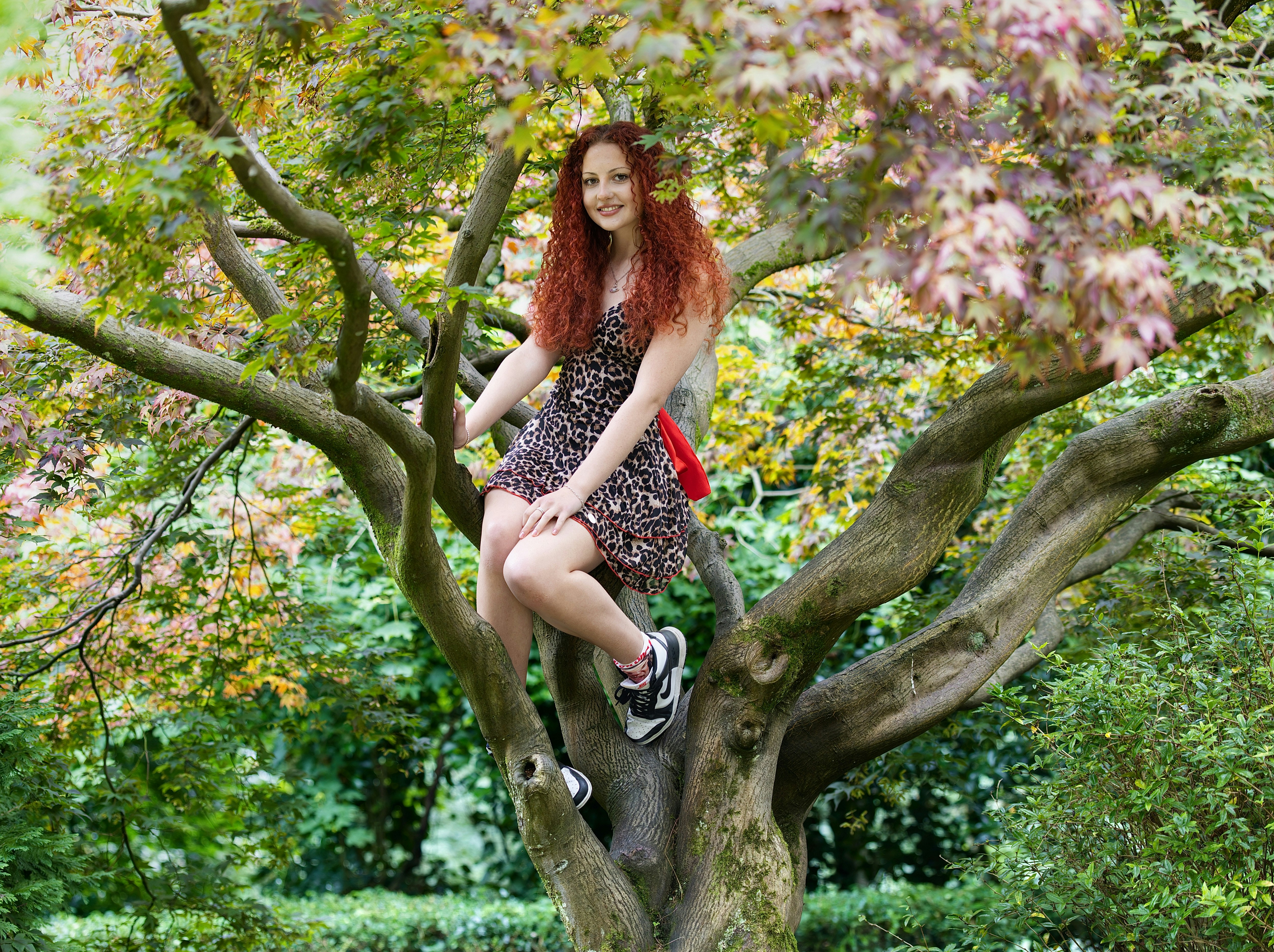 A woman with curly red hair in a leopard print dress sitting in a tree