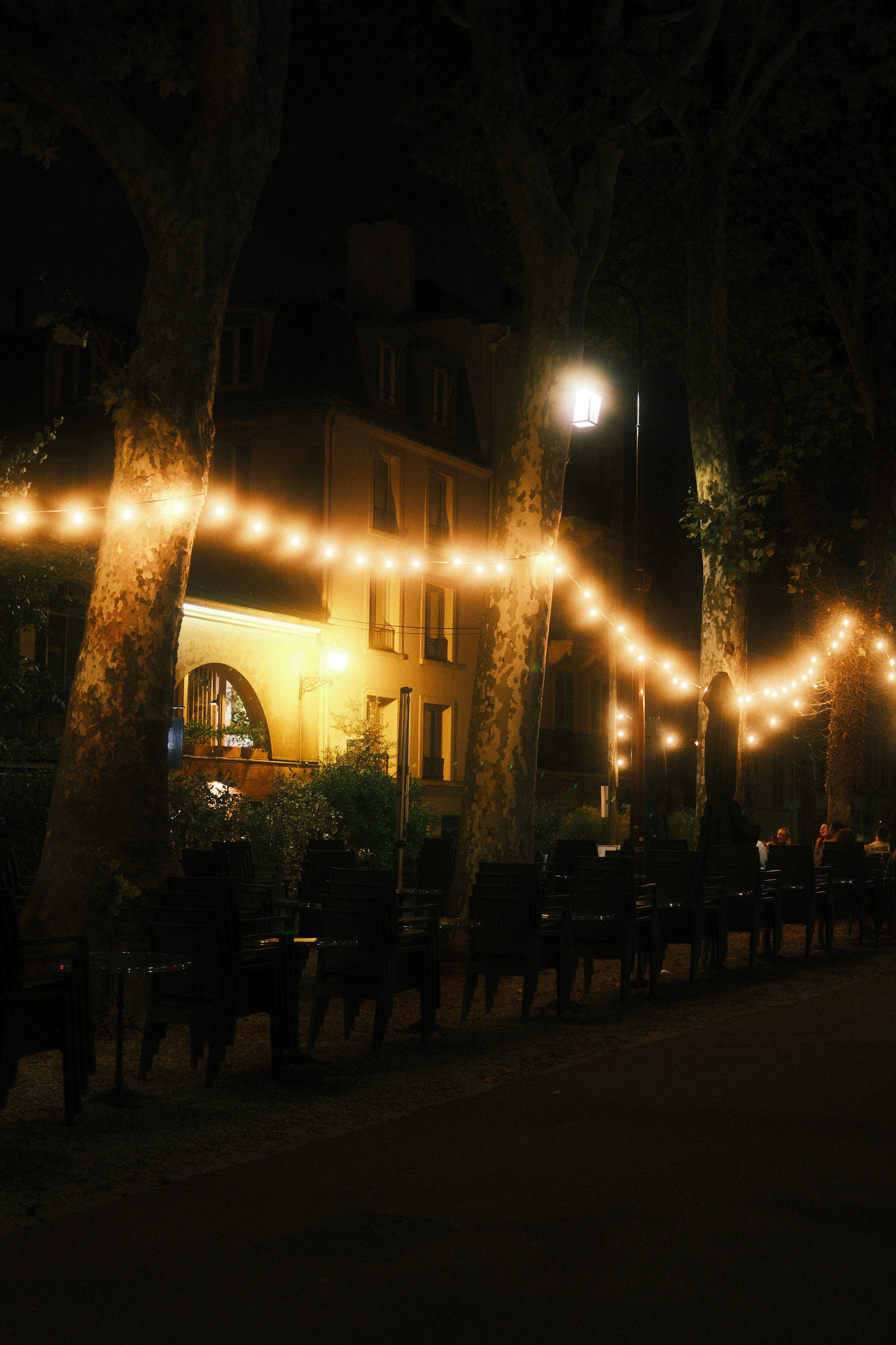 String lights hanging between trees above outdoor cafe chairs at night