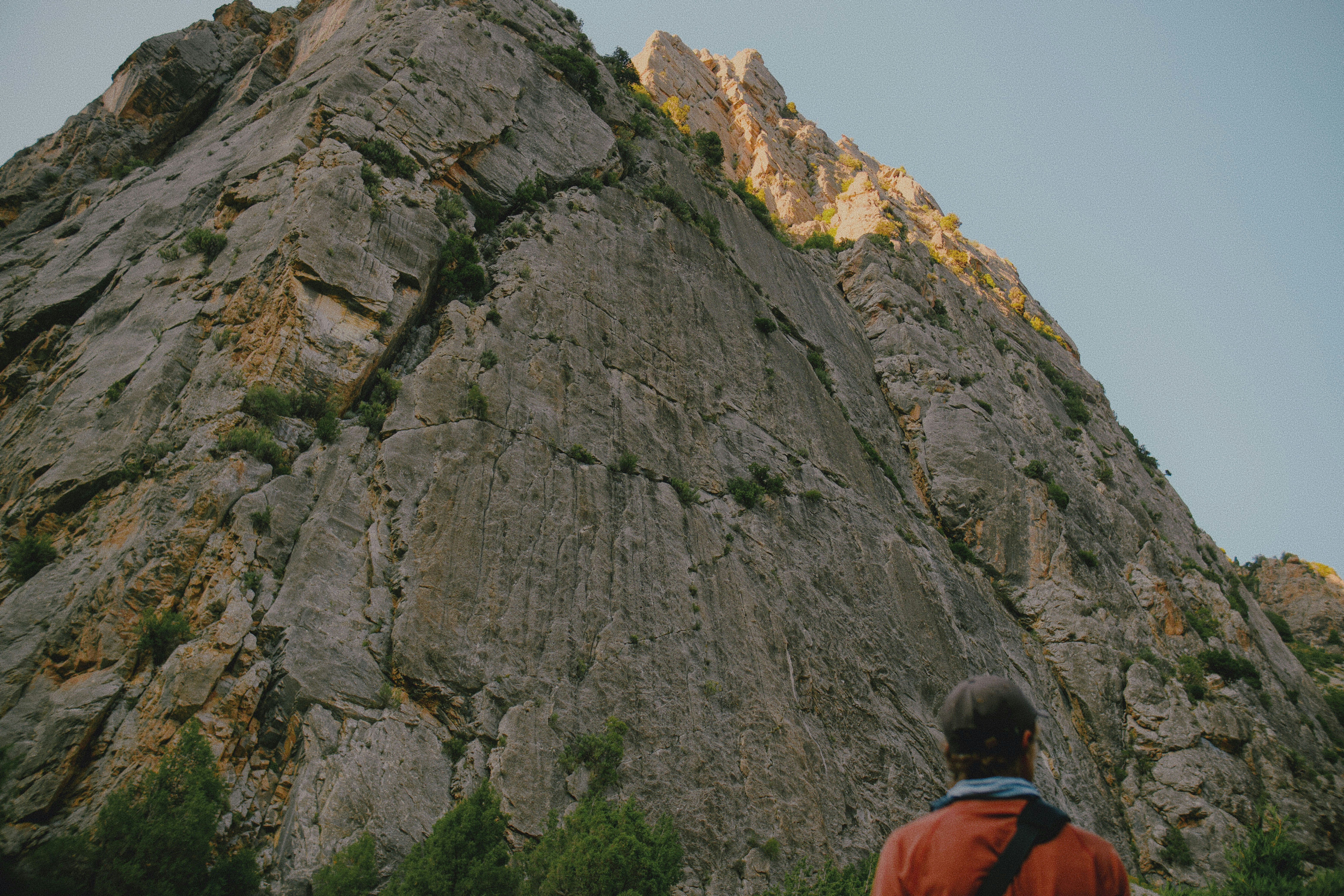 A person in a red jacket looking up at a massive rocky cliff face