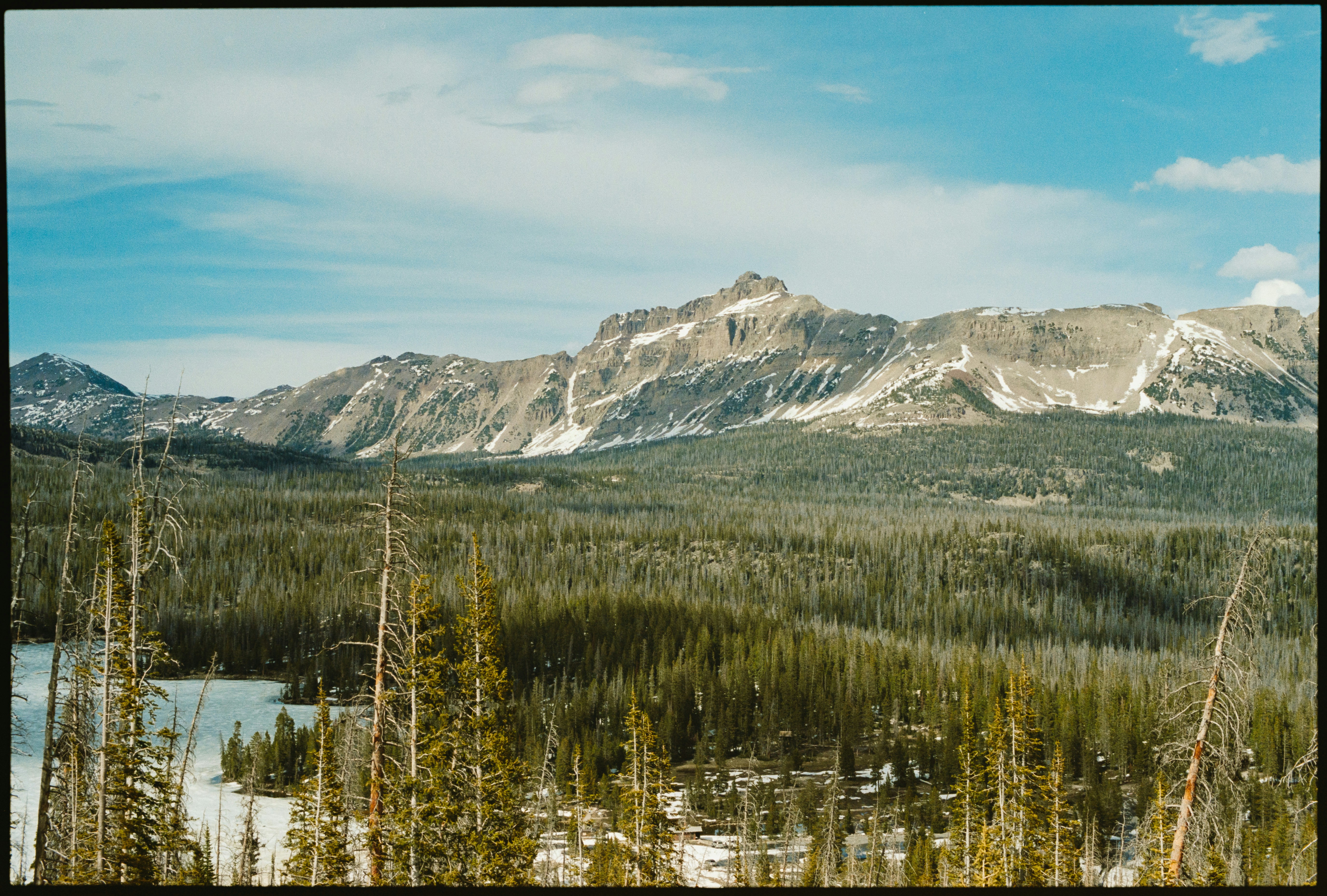 A vast pine forest and a frozen lake below snow-capped mountain peaks