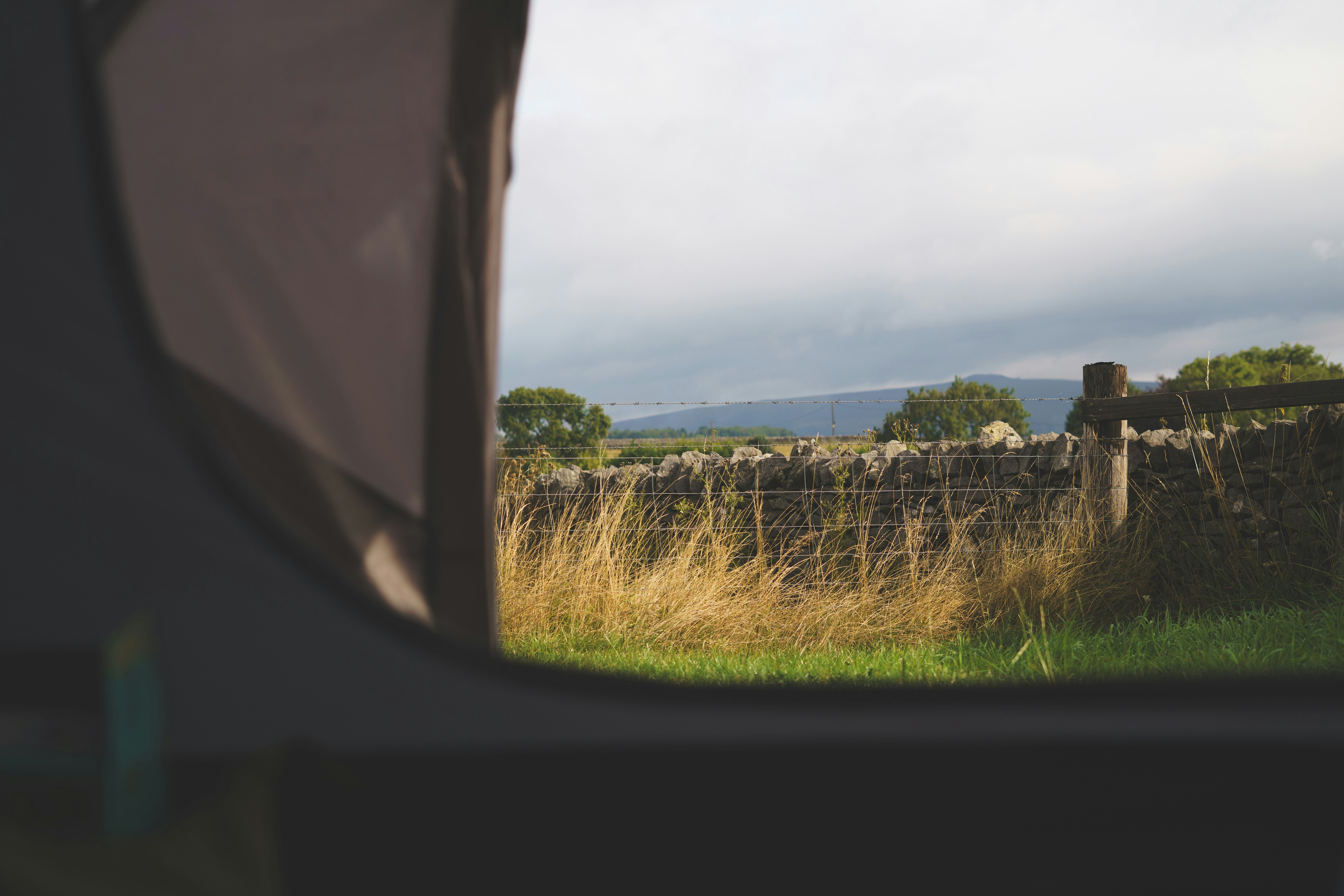 View from a tent of a dry stone wall and grassy field