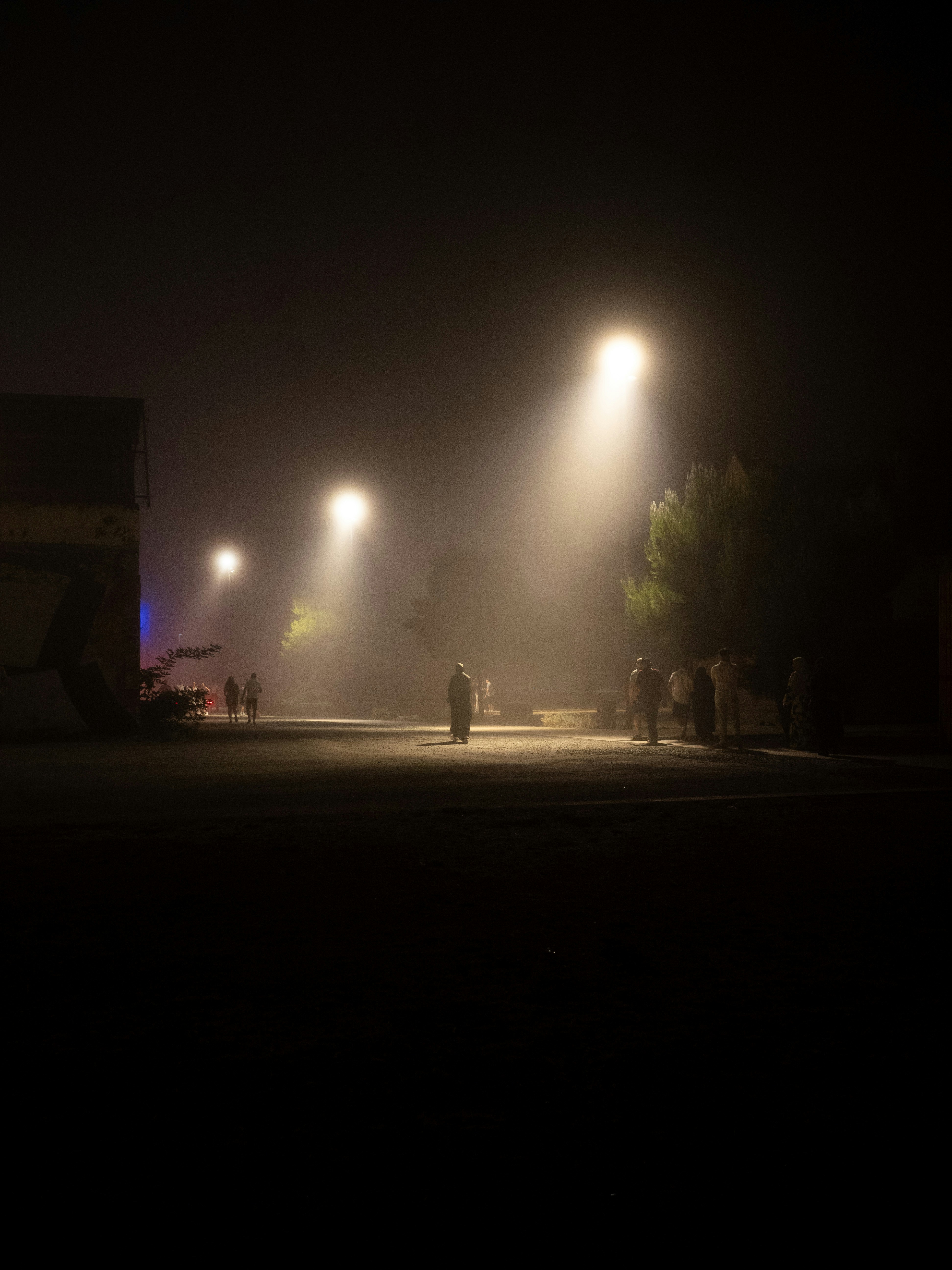 Gente caminando por una calle oscura iluminada por farolas brillantes en la niebla