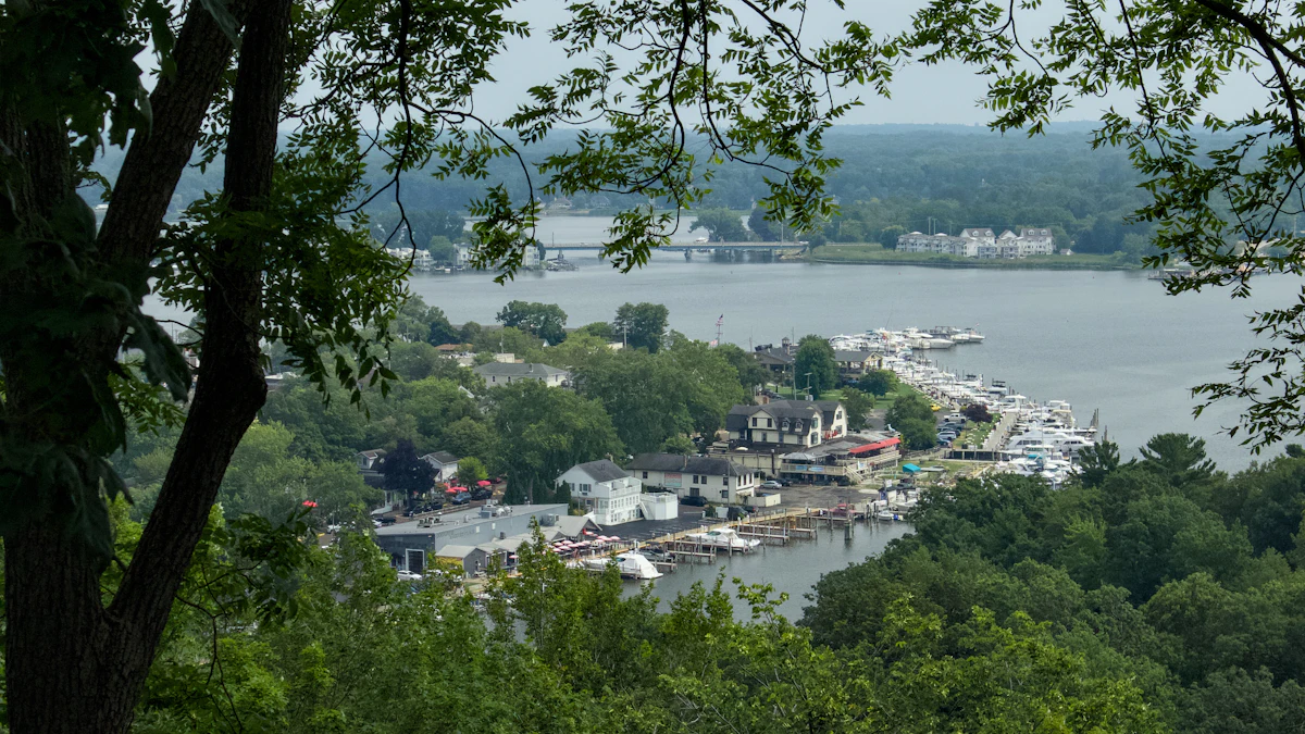 Boats on the river, as seen from the high ground.