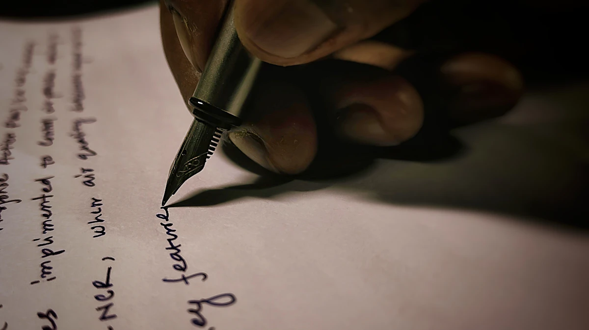 Tangan memegang pena tinta menulis di atas kertas putih