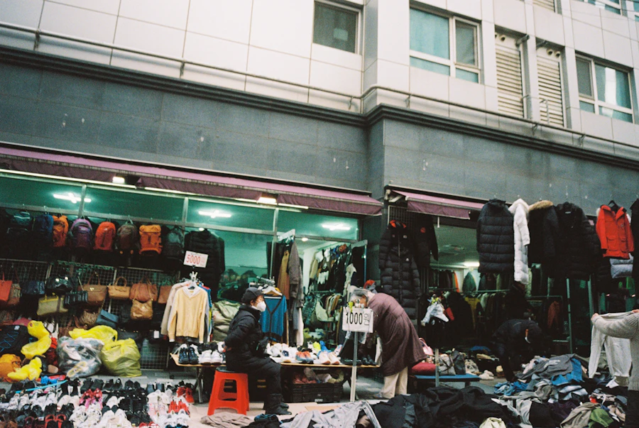 Outdoor vintage market stall with clothing