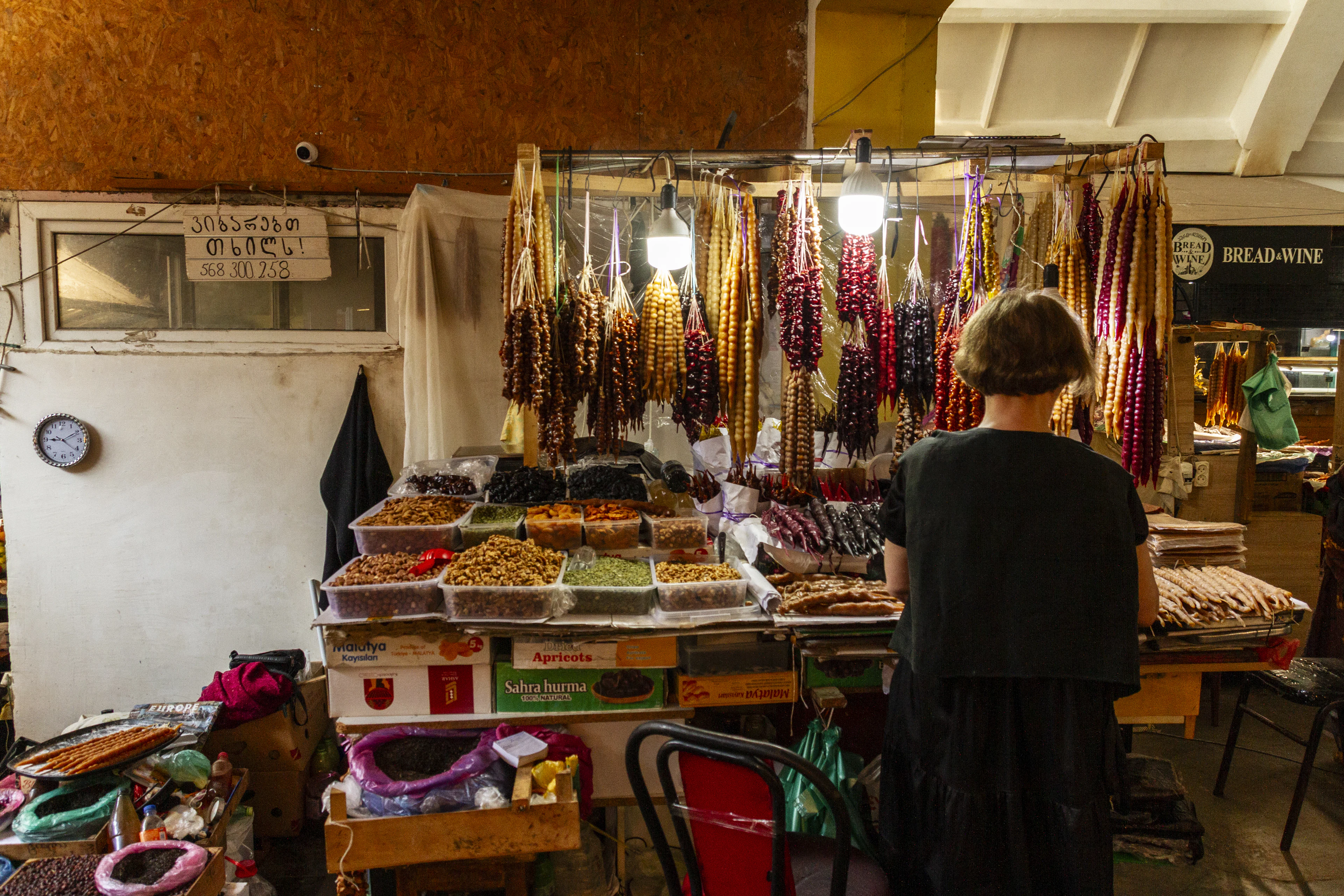 A market stall hung with churchkhela, with nuts and dried fruit, Georgia