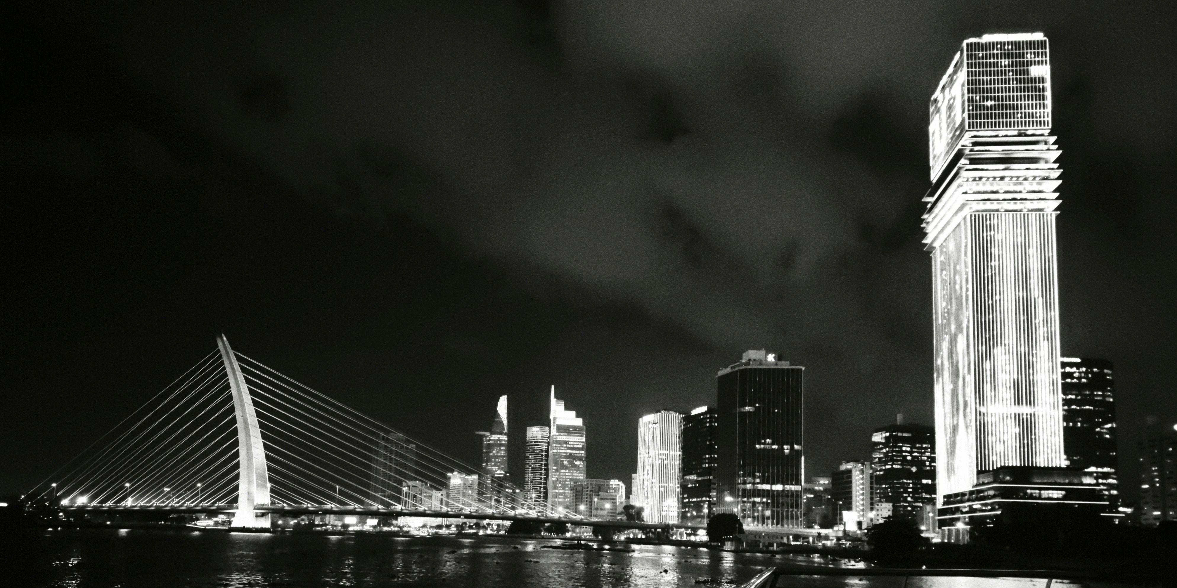 A cable-stayed bridge and illuminated skyscrapers along a dark river at night