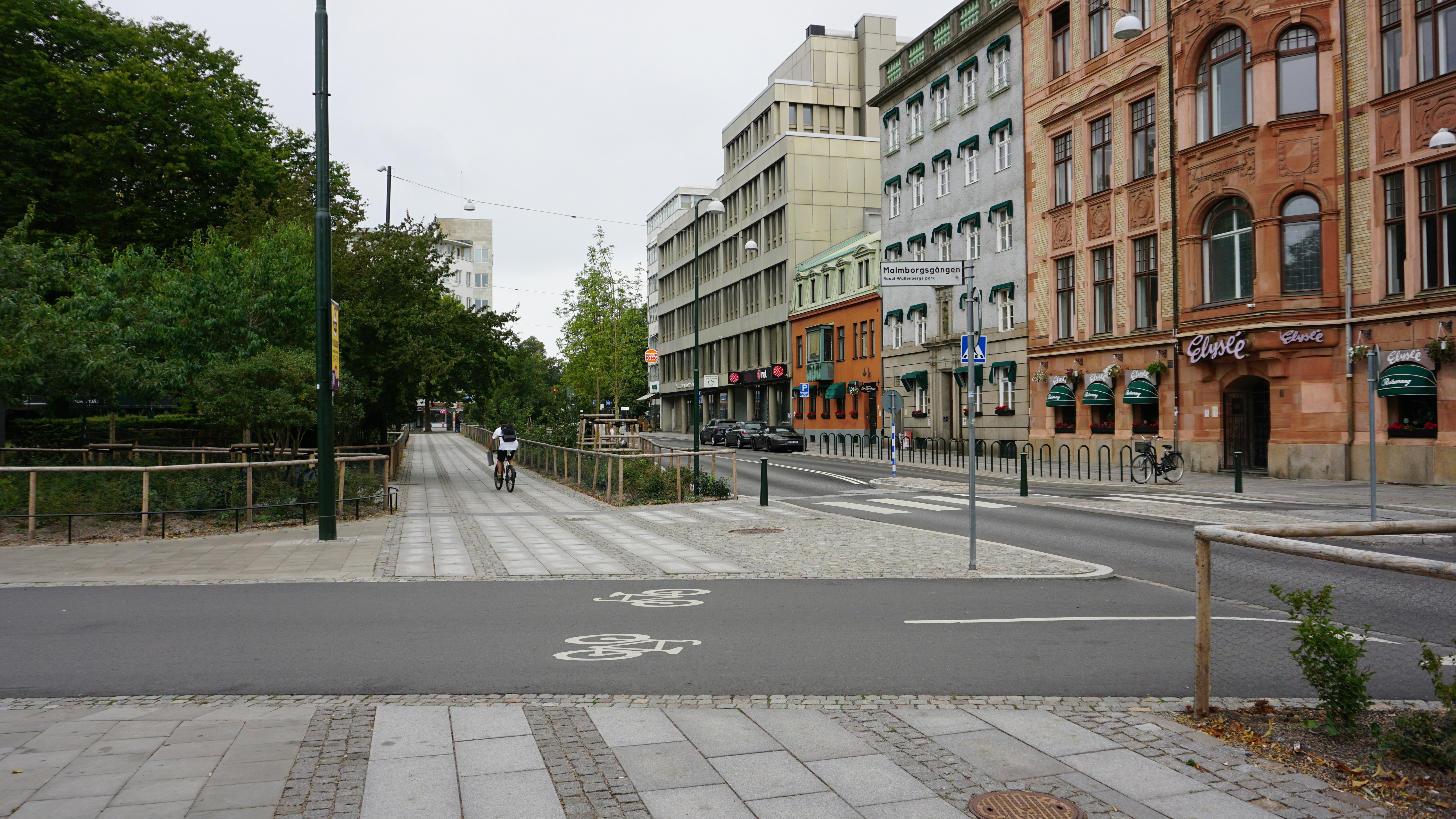 Cyclist riding on a paved path beside a road