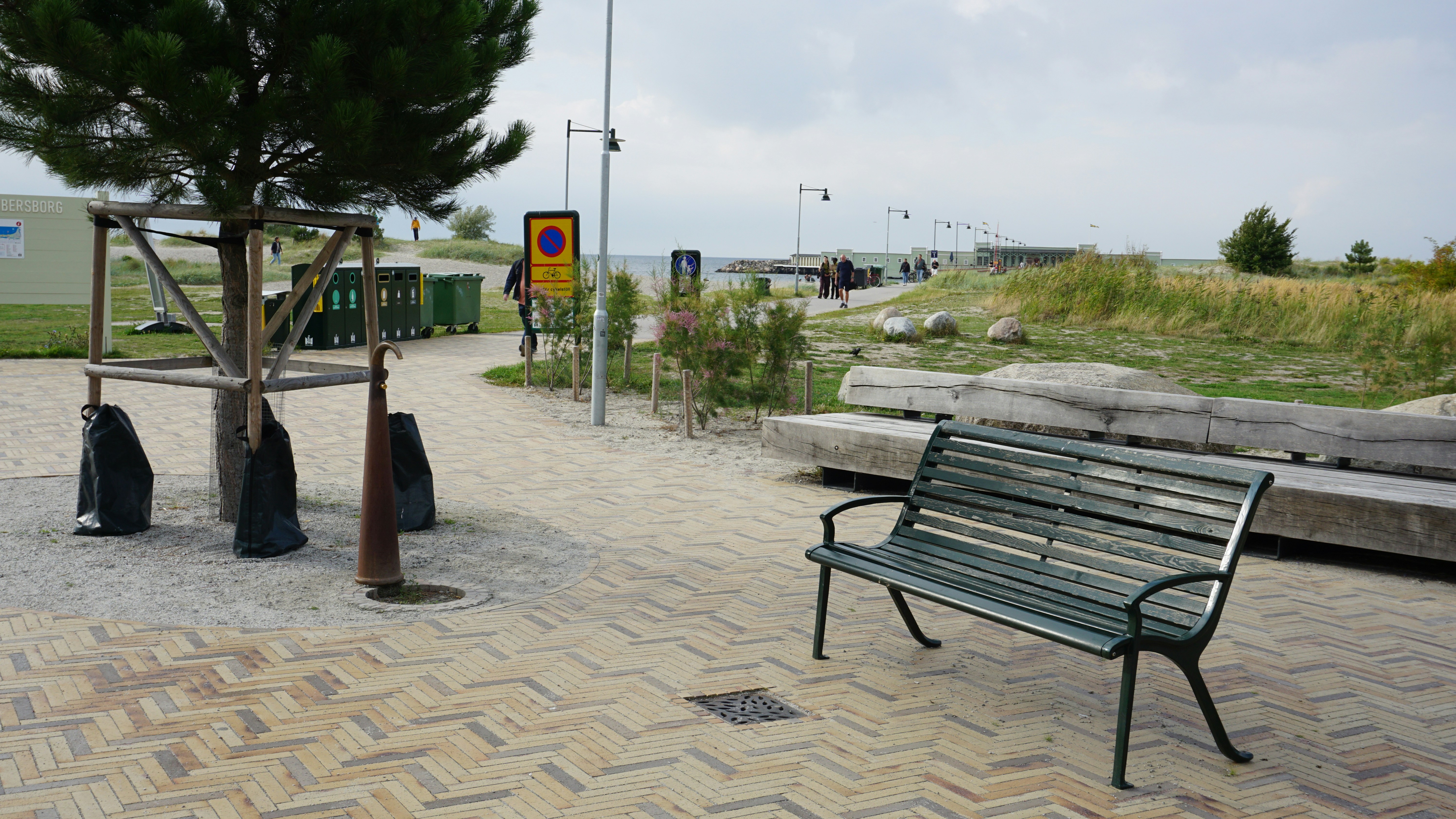 A green park bench on a herringbone brick path near a coastal beach
