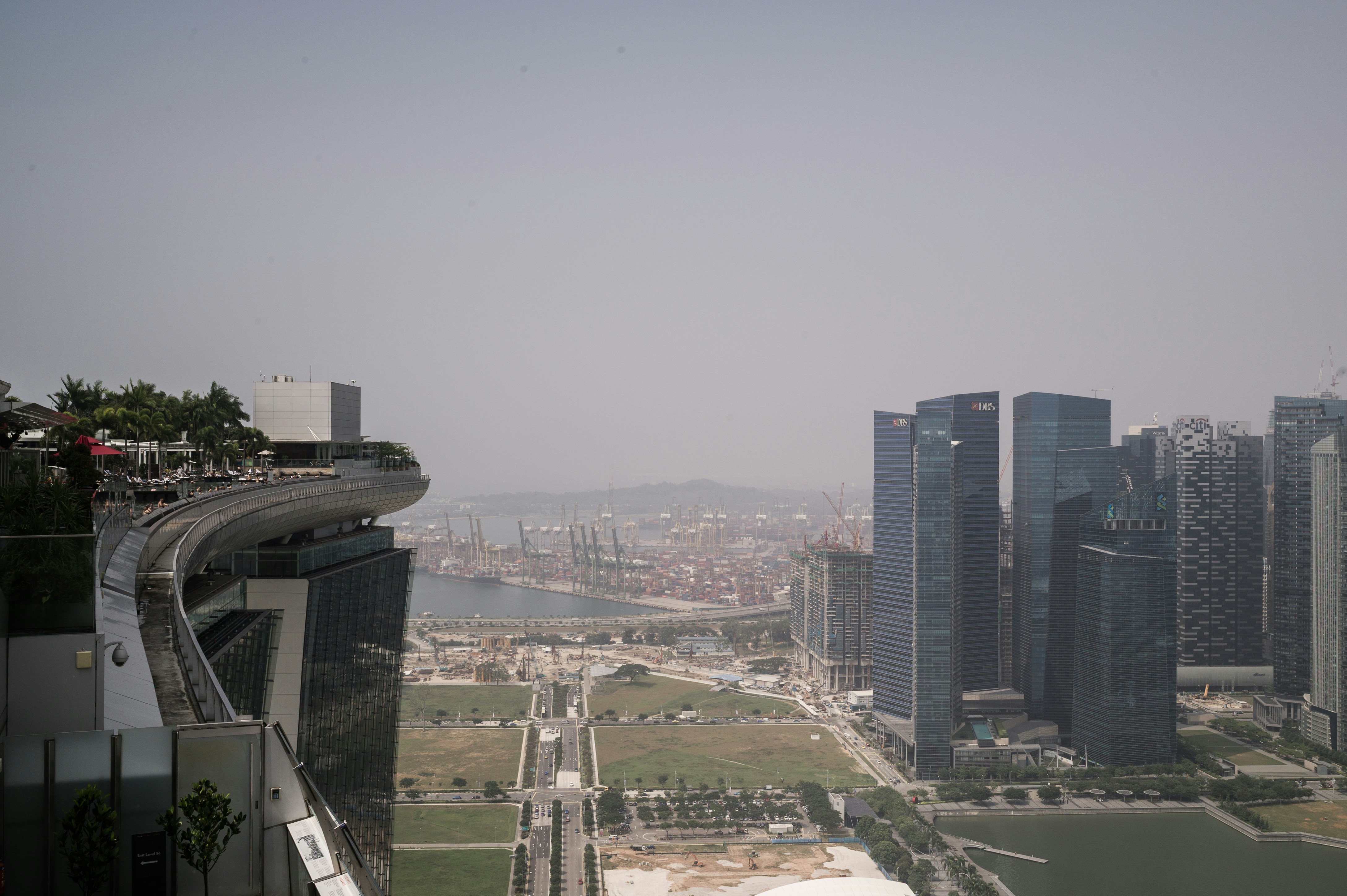 The Marina Bay Sands hotel overlooking the Singapore skyline and busy shipping port