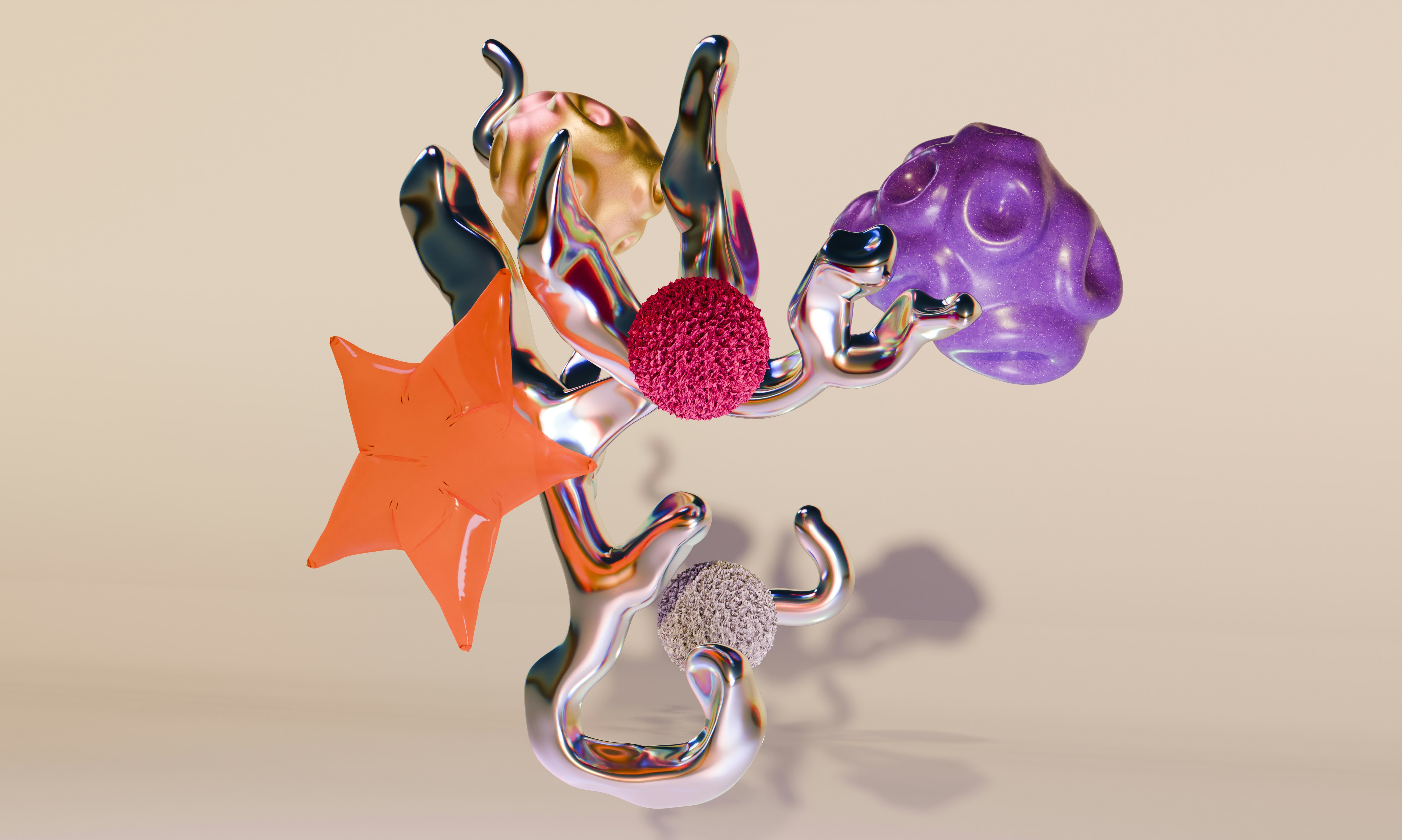 A metallic branching structure adorned with colorful geometric shapes against a light background