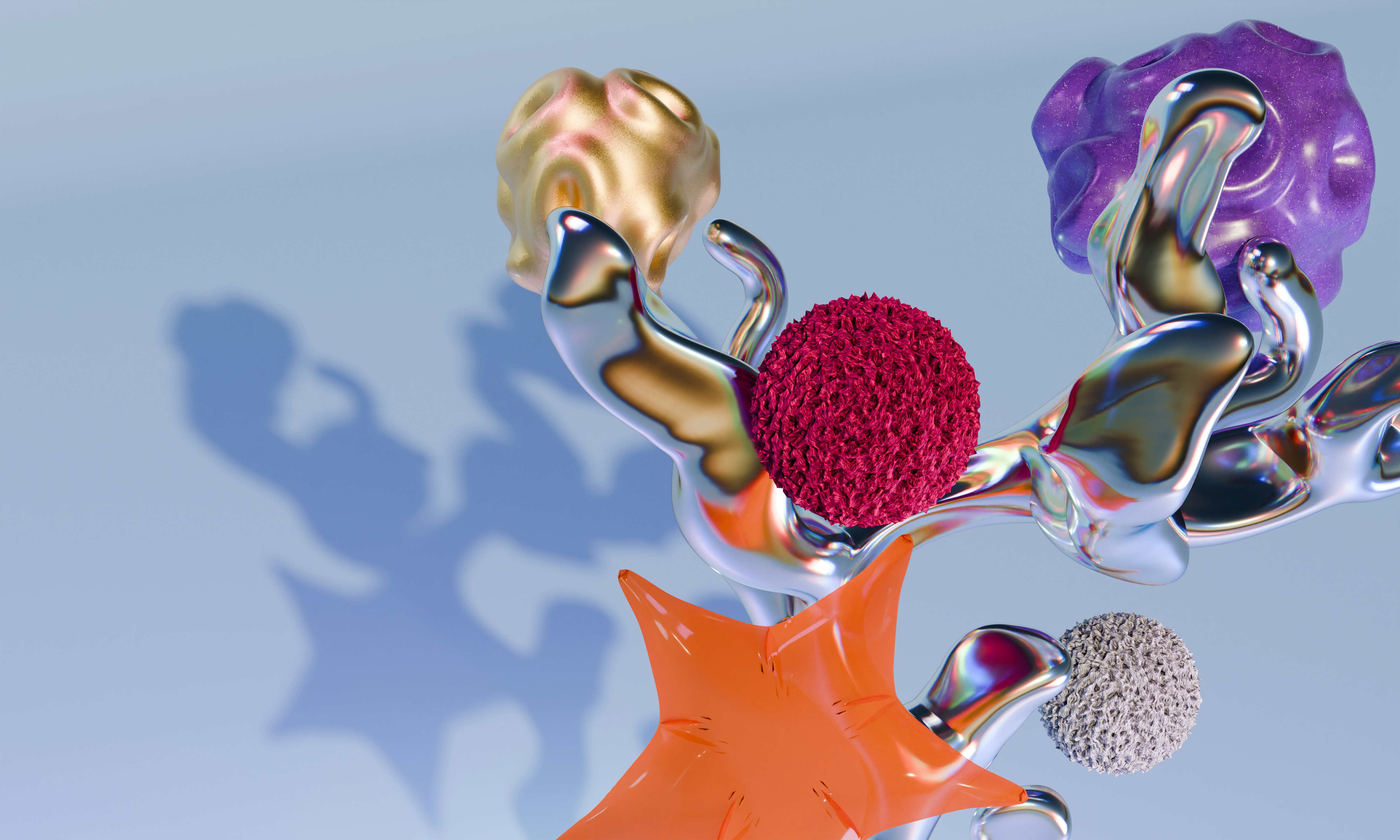 Abstract metallic and textured shapes in gold, purple, red, and orange on blue
