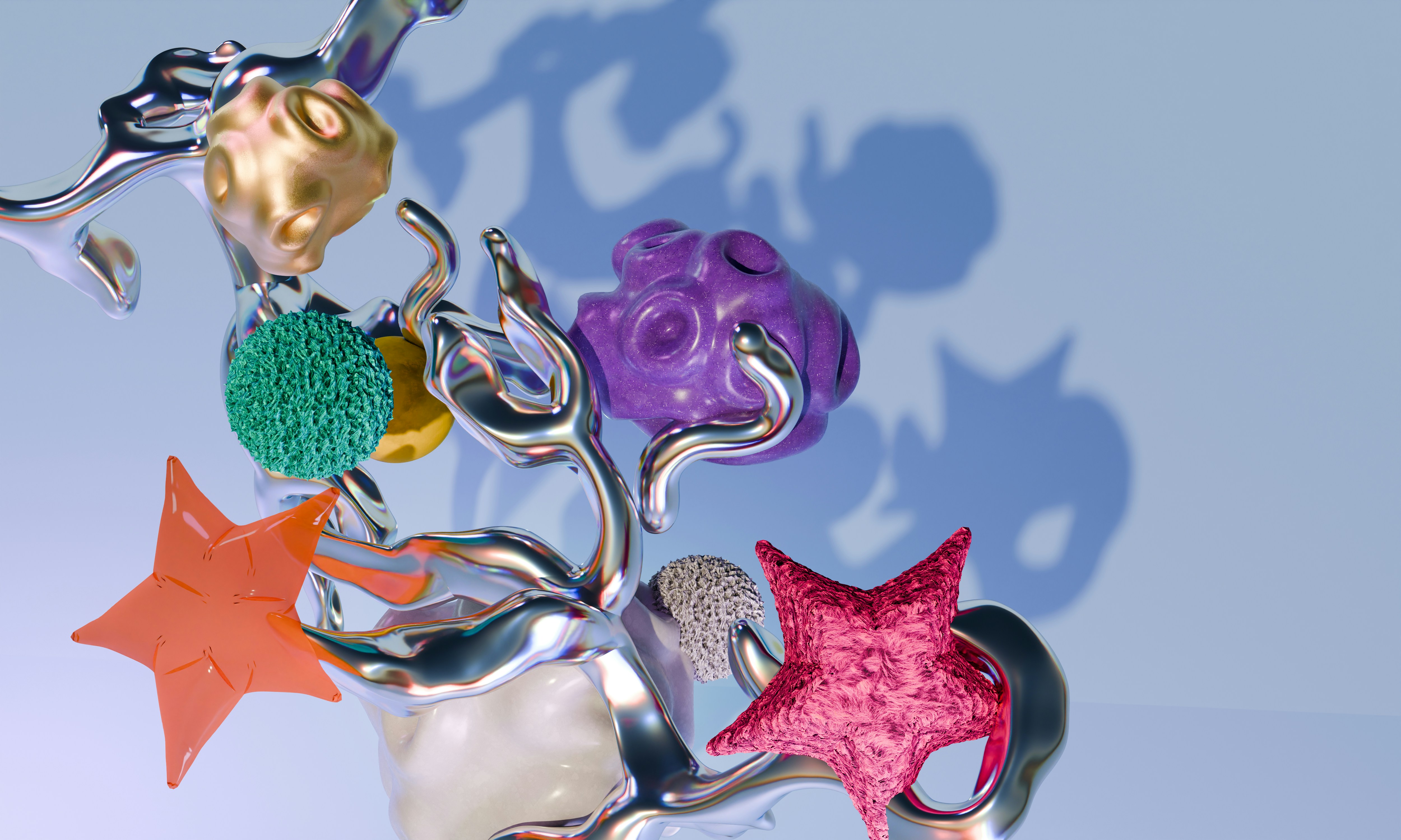 Floating colorful abstract shapes and metallic silver forms casting shadows on a light background