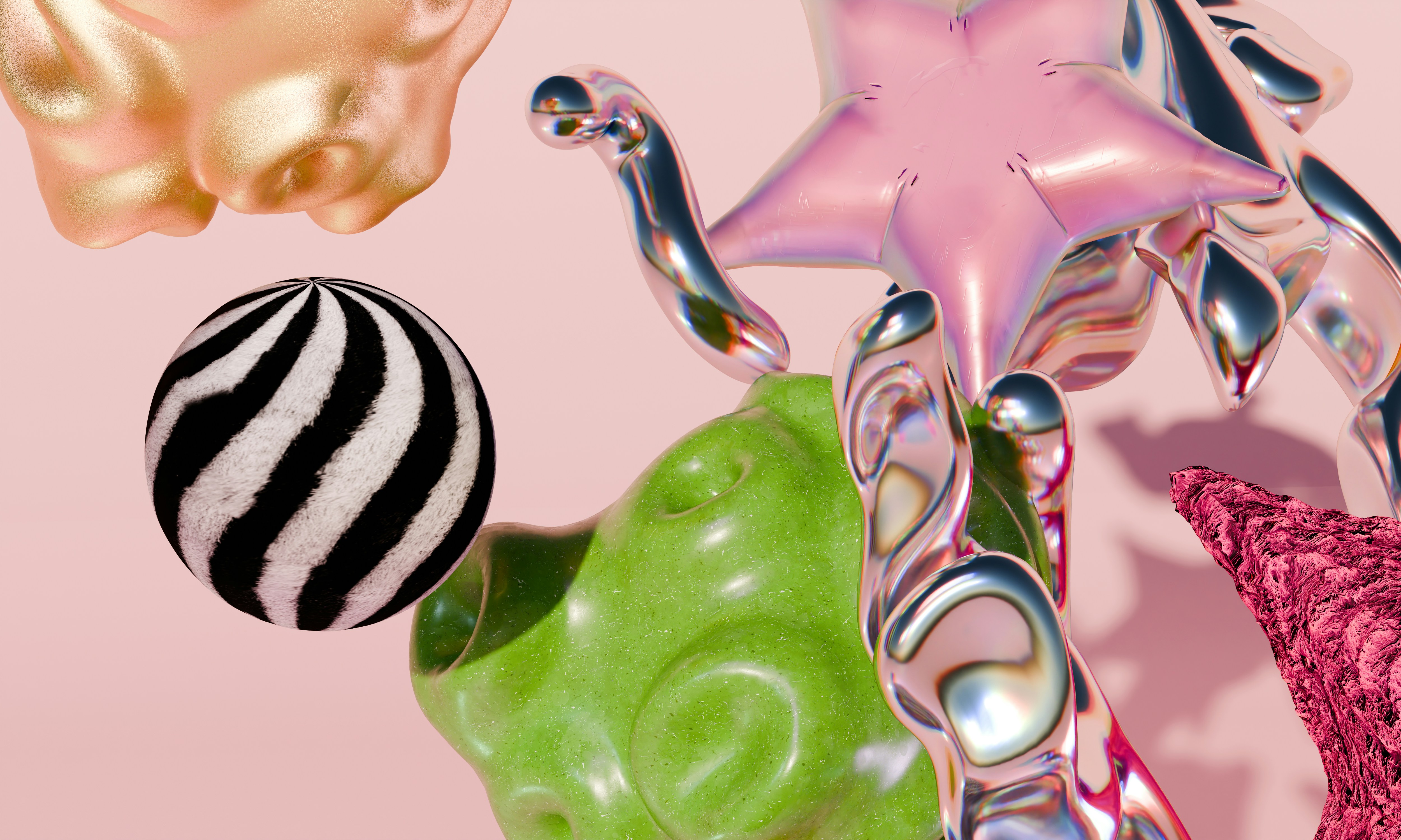 A black and white striped sphere, a green textured form, and metallic shapes