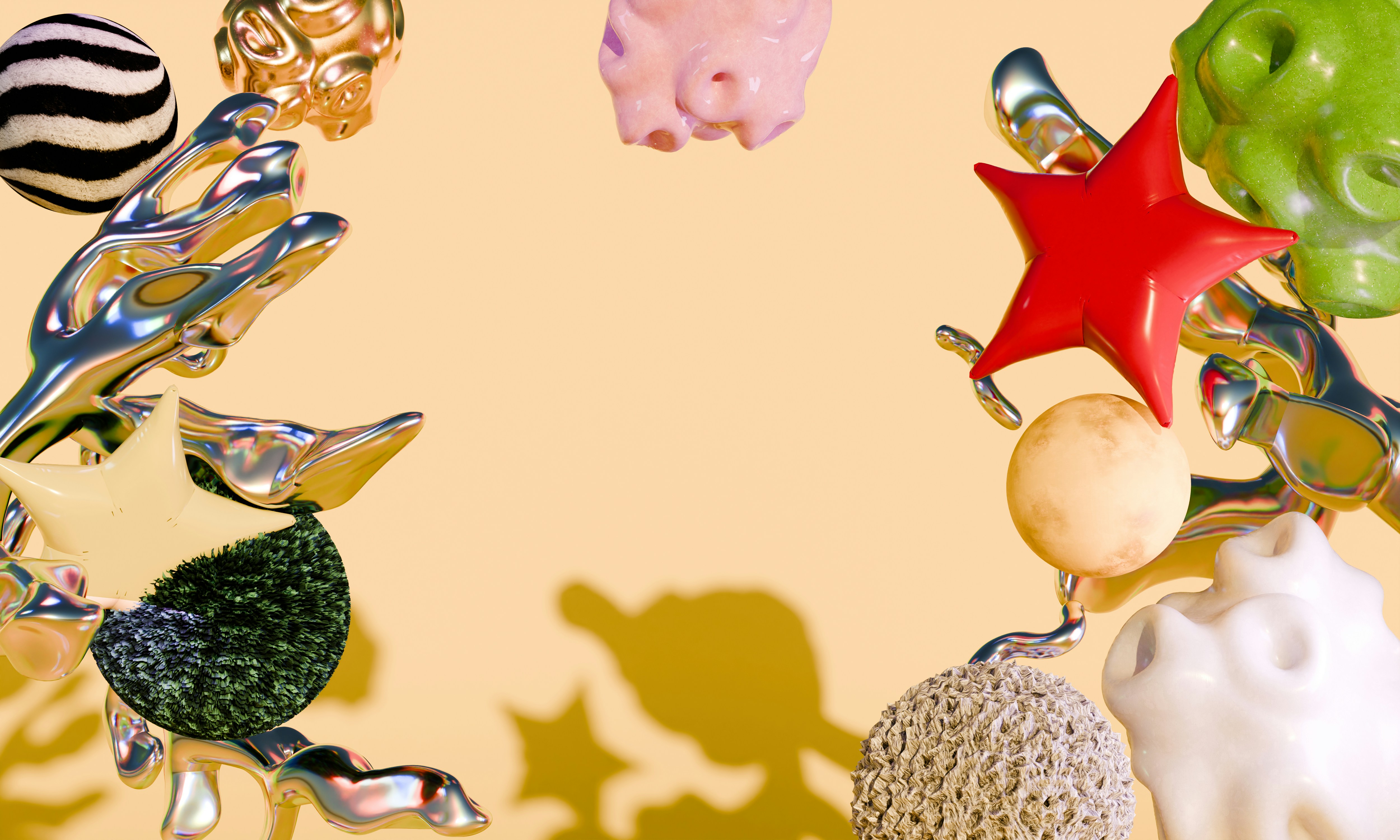 Floating abstract shapes including a red star and metallic forms on a peach background