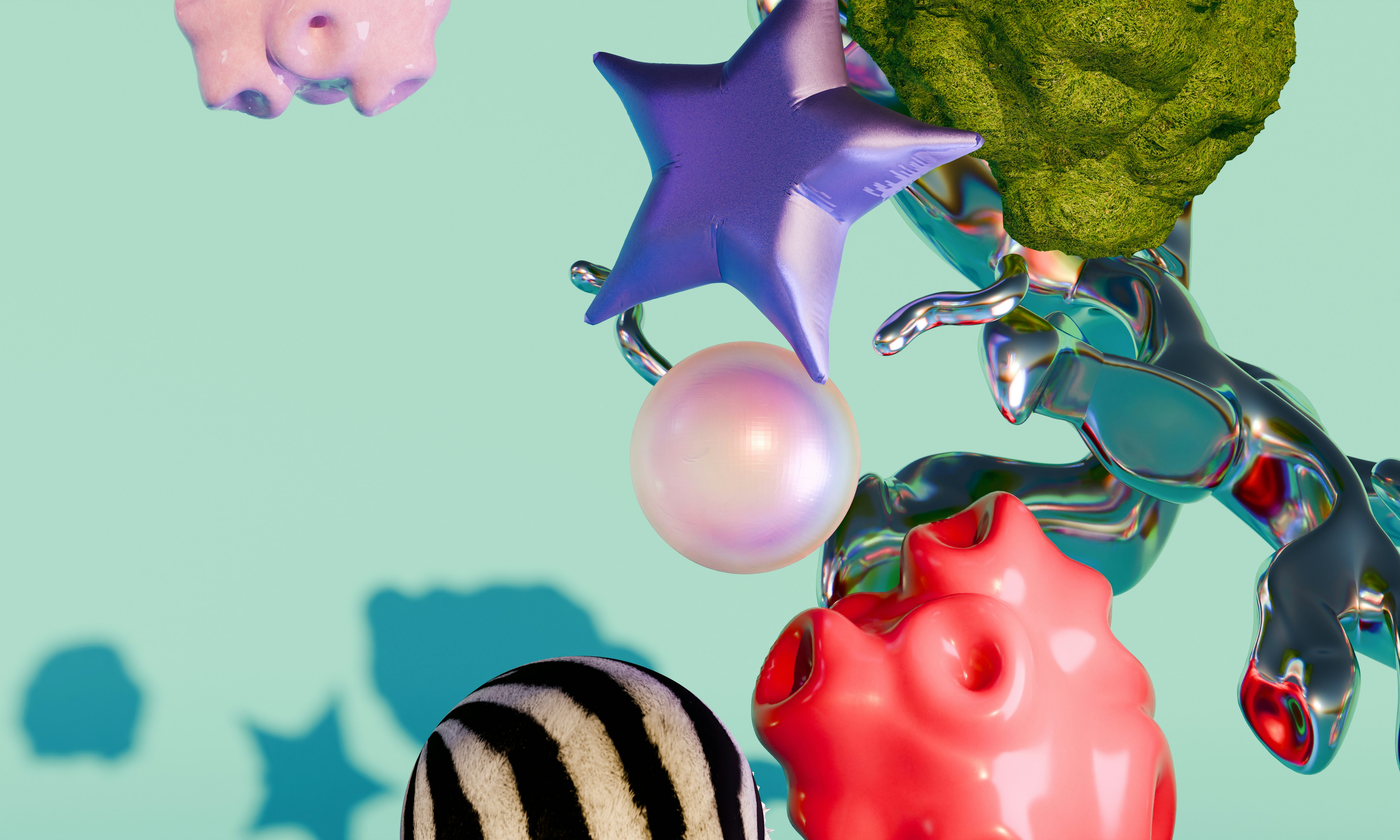 Floating abstract shapes including a purple star, pink sphere, and zebra-striped ball