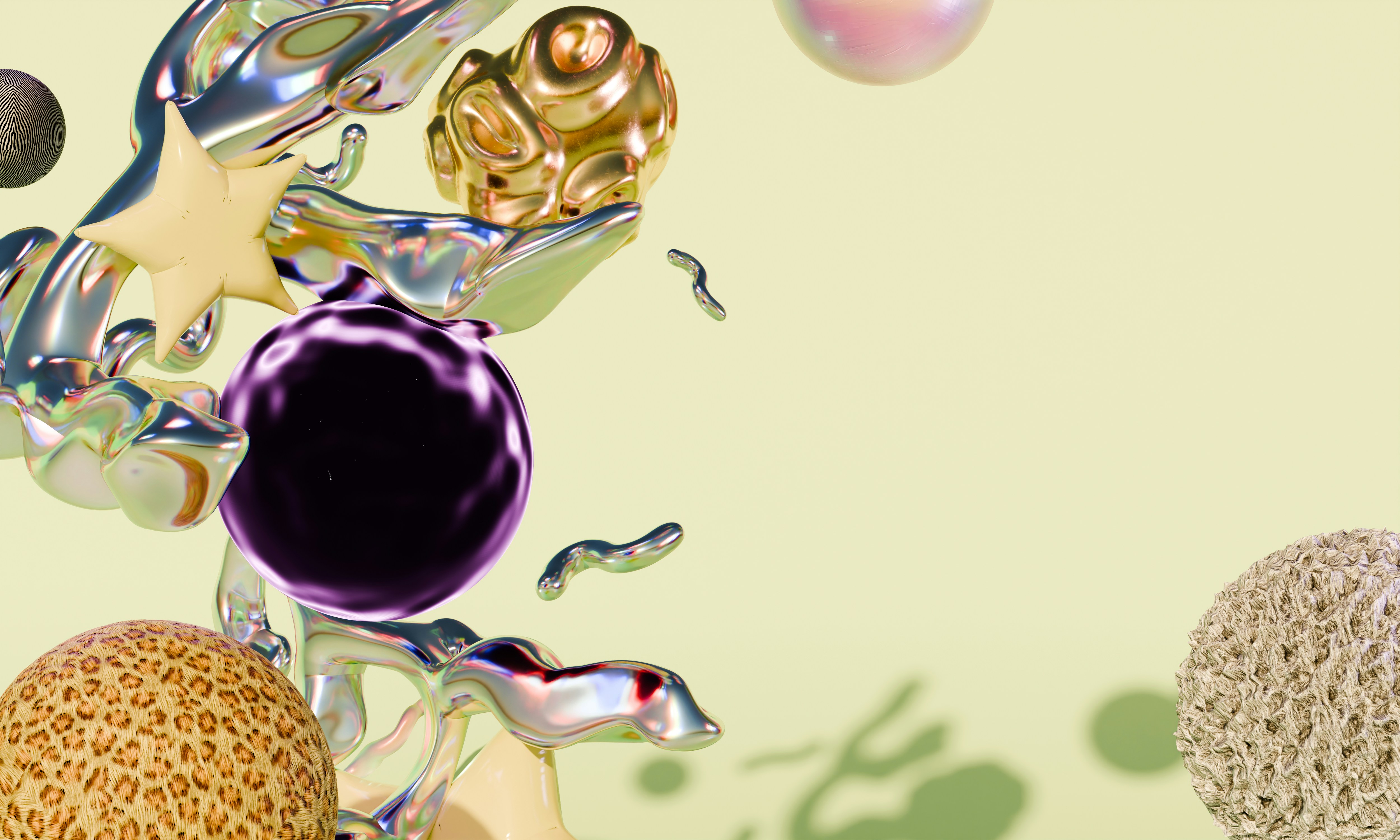 Floating abstract shapes including a purple sphere, gold orb, and star on yellow