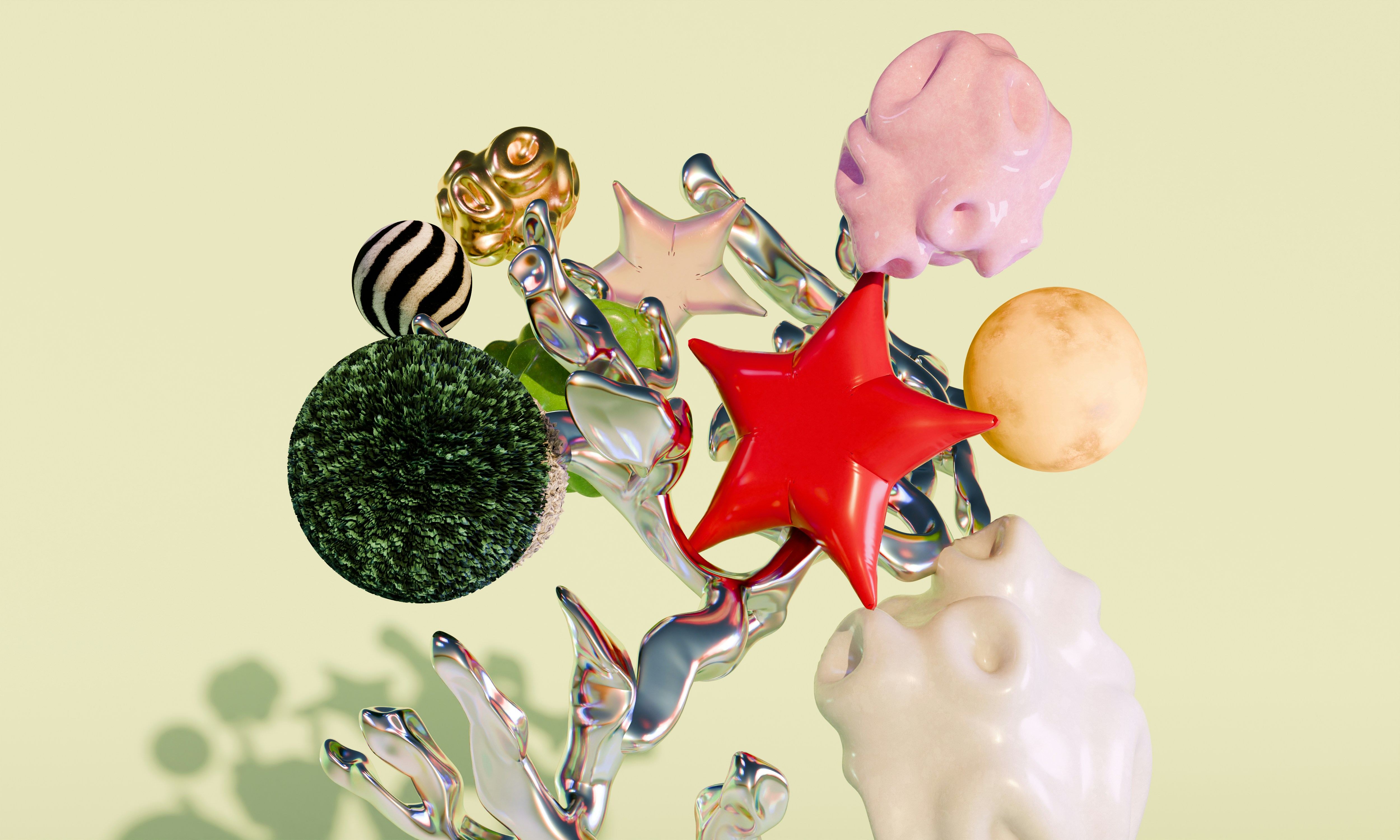 Floating abstract shapes including a red star, a green sphere, and metallic forms