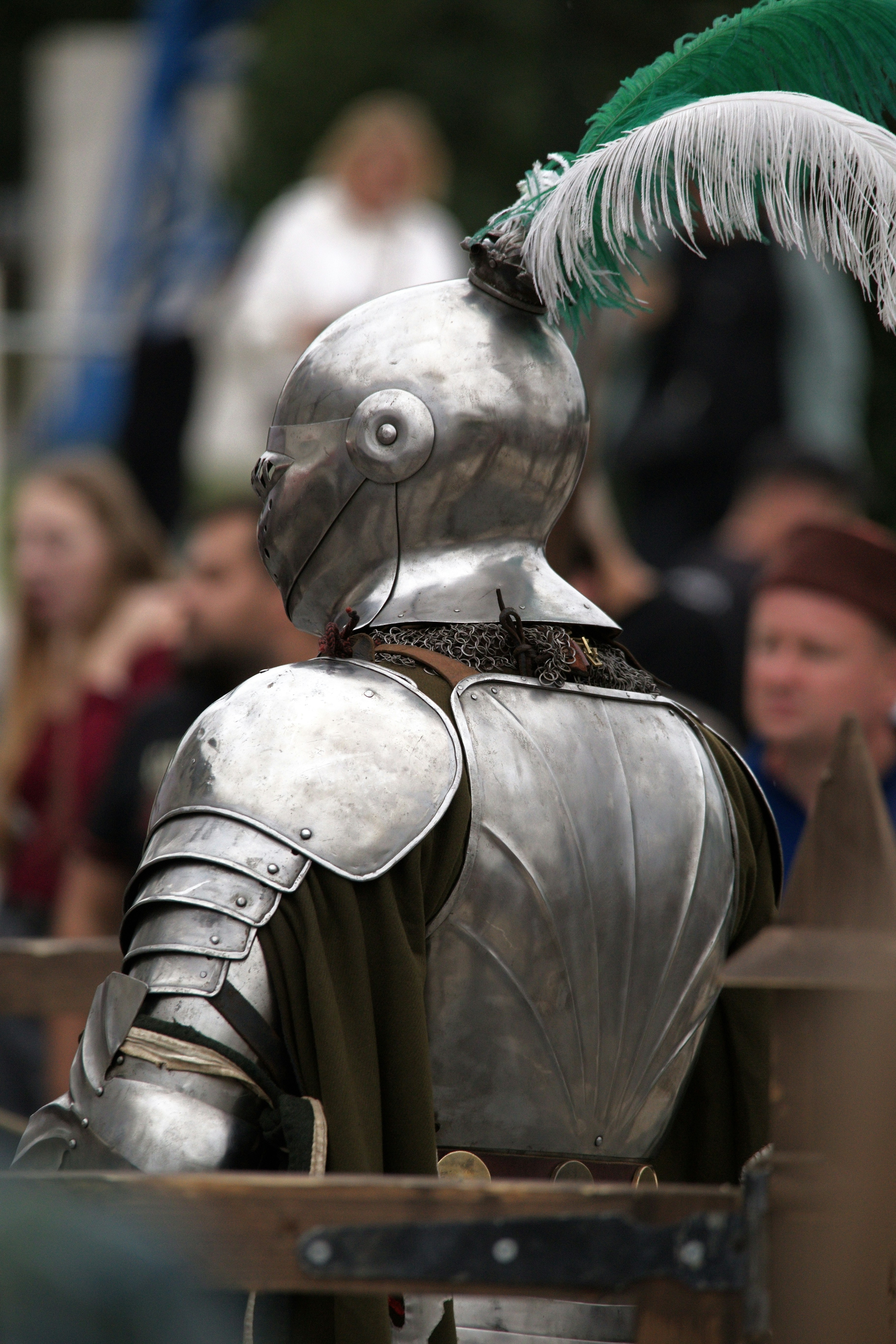 A person in polished steel plate armor with a green and white feather plume