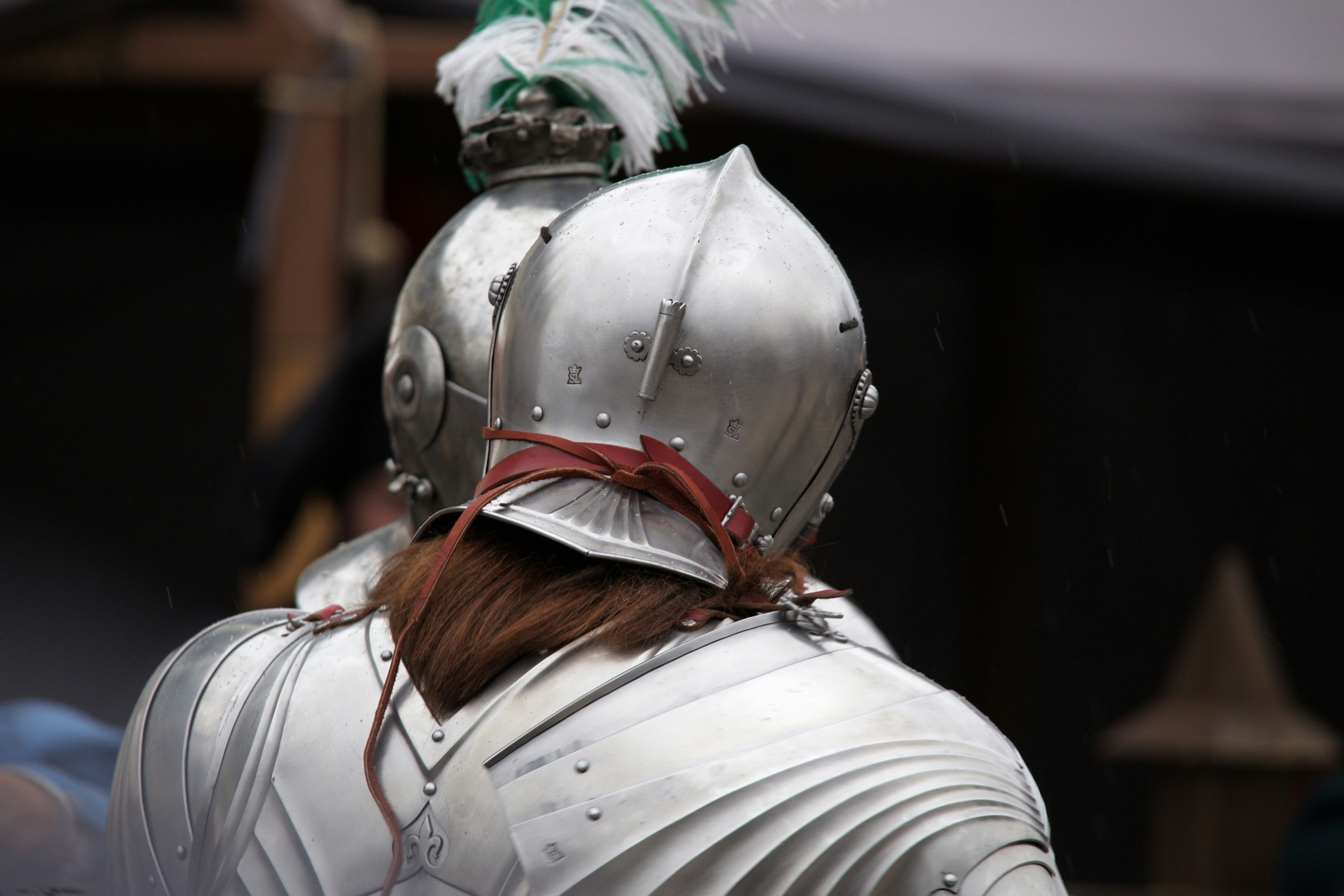 Two people in polished steel plate armor with a green and white feather plume