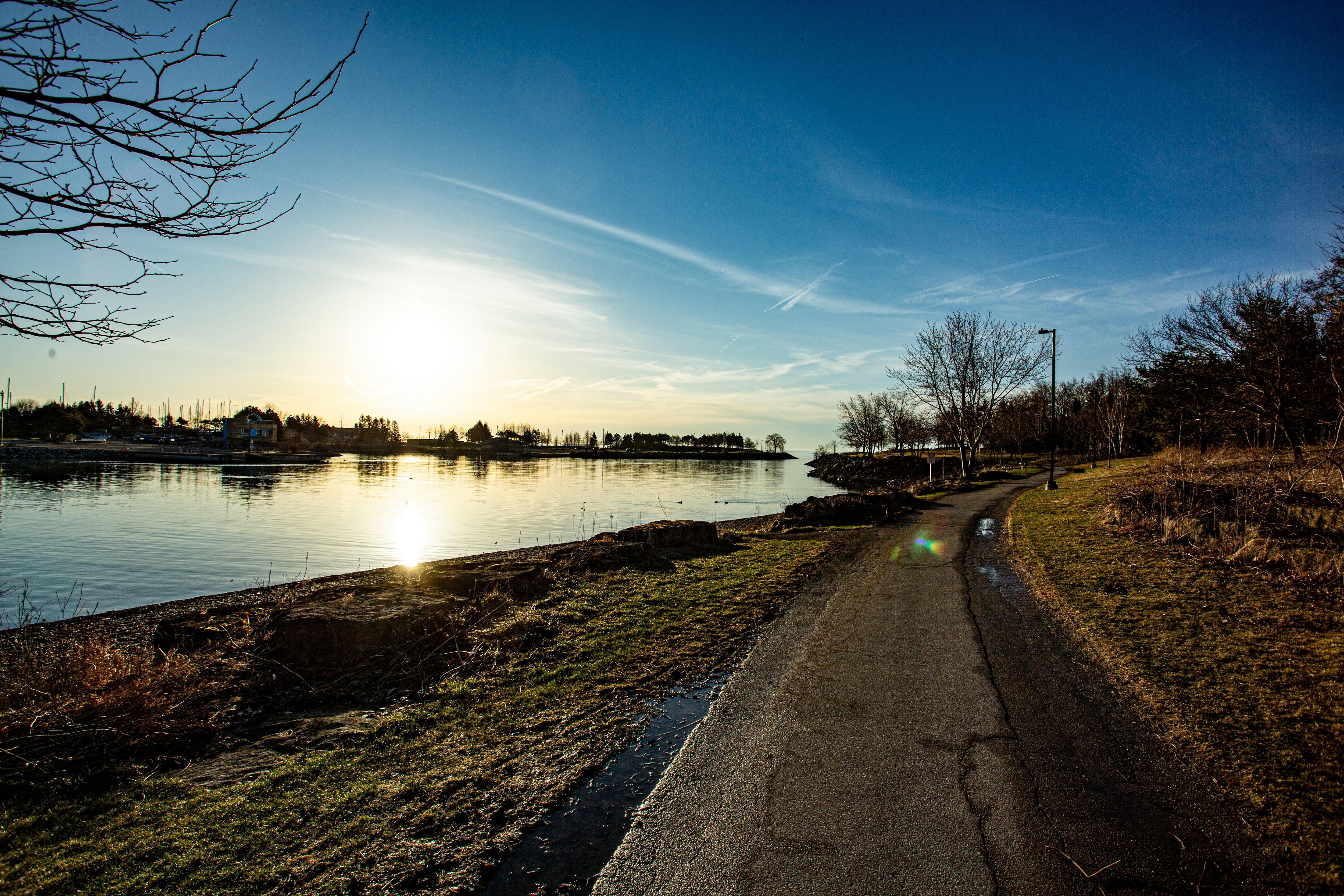 A paved path along a calm bay under a bright low sun