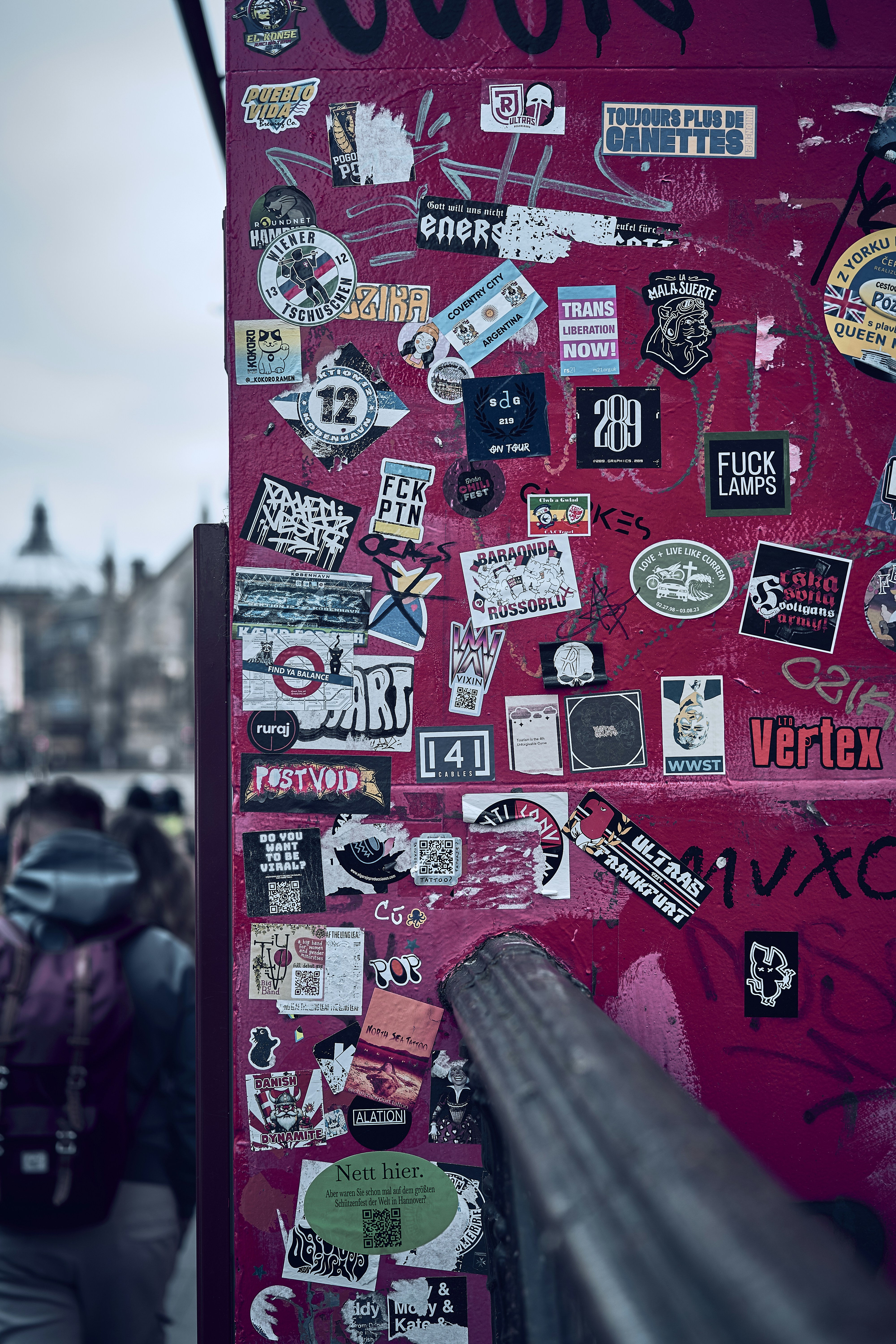 A sticker-covered street detail in Edinburgh's Old Town.
