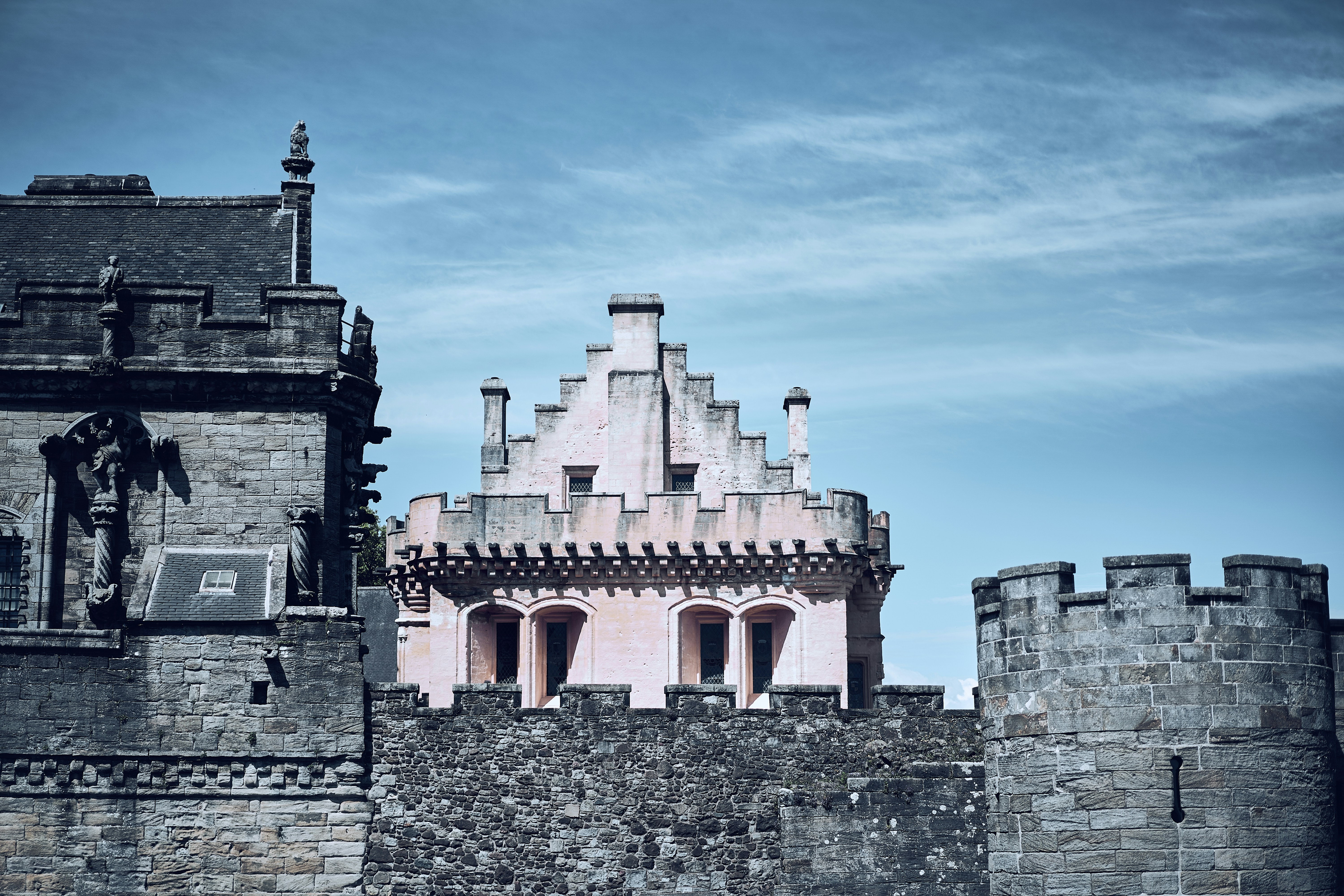 Stone walls and historic buildings at Stirling Castle in Scotland.