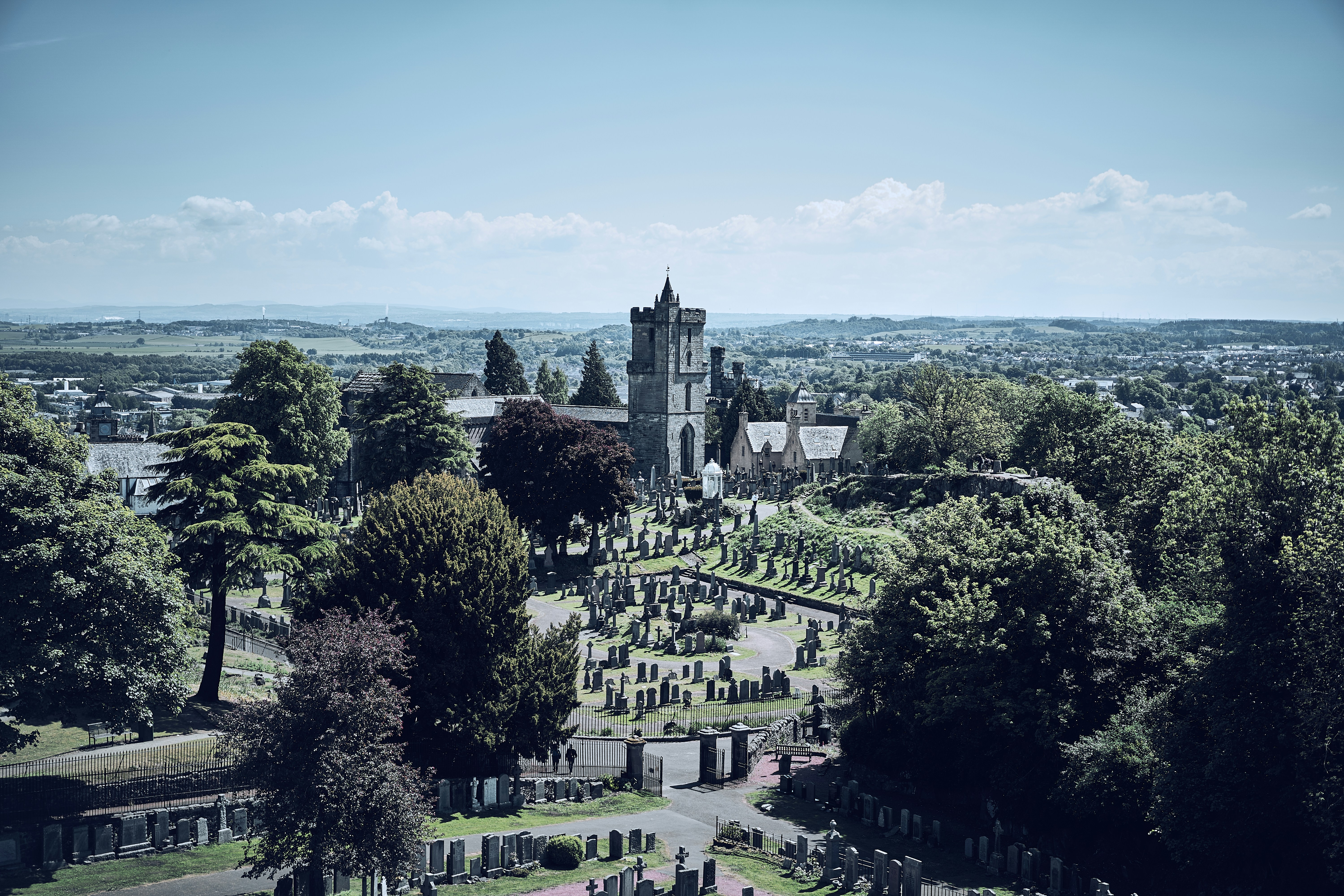 A landscape view from Stirling Castle across central Scotland.