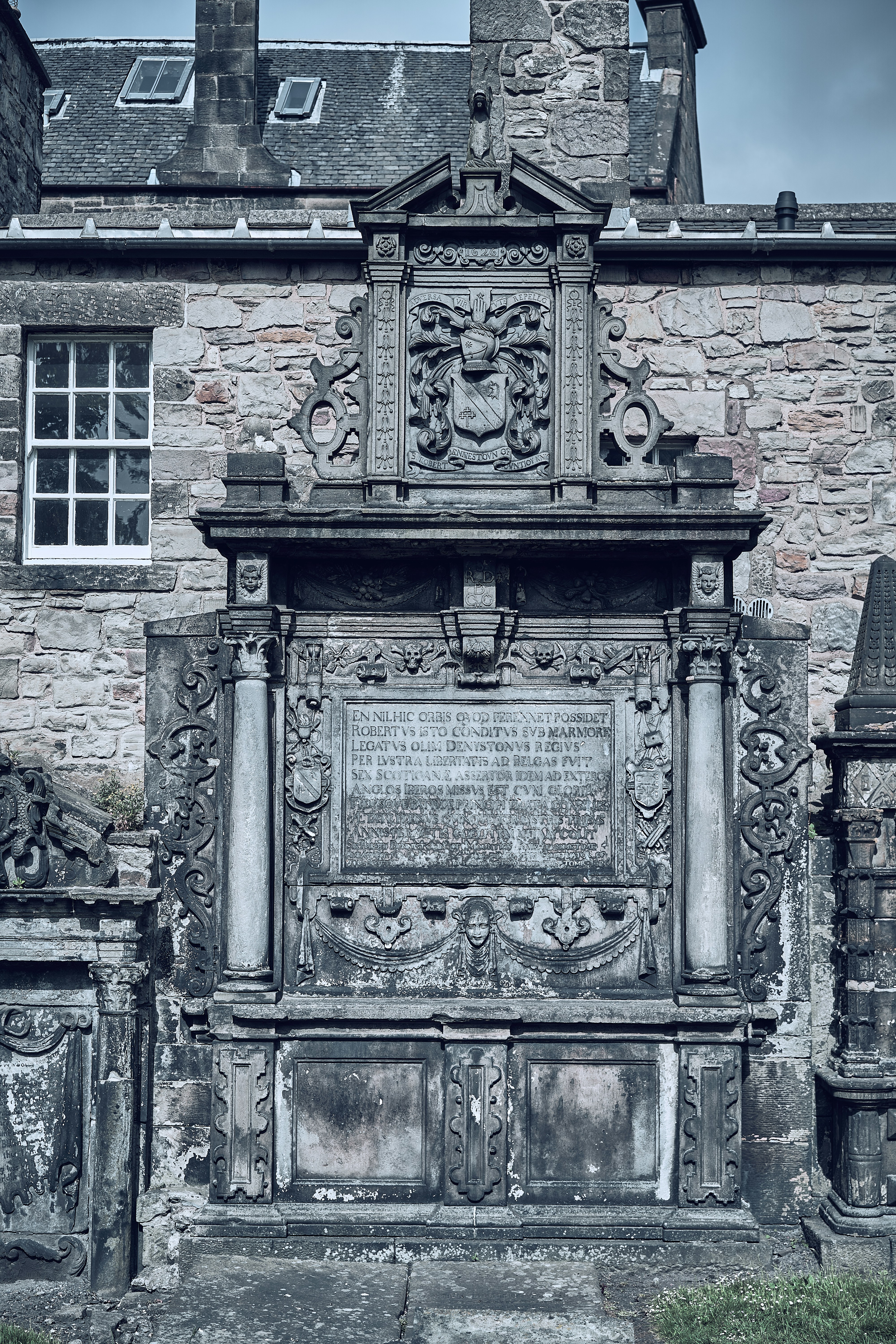 A carved stone memorial in an Edinburgh churchyard.