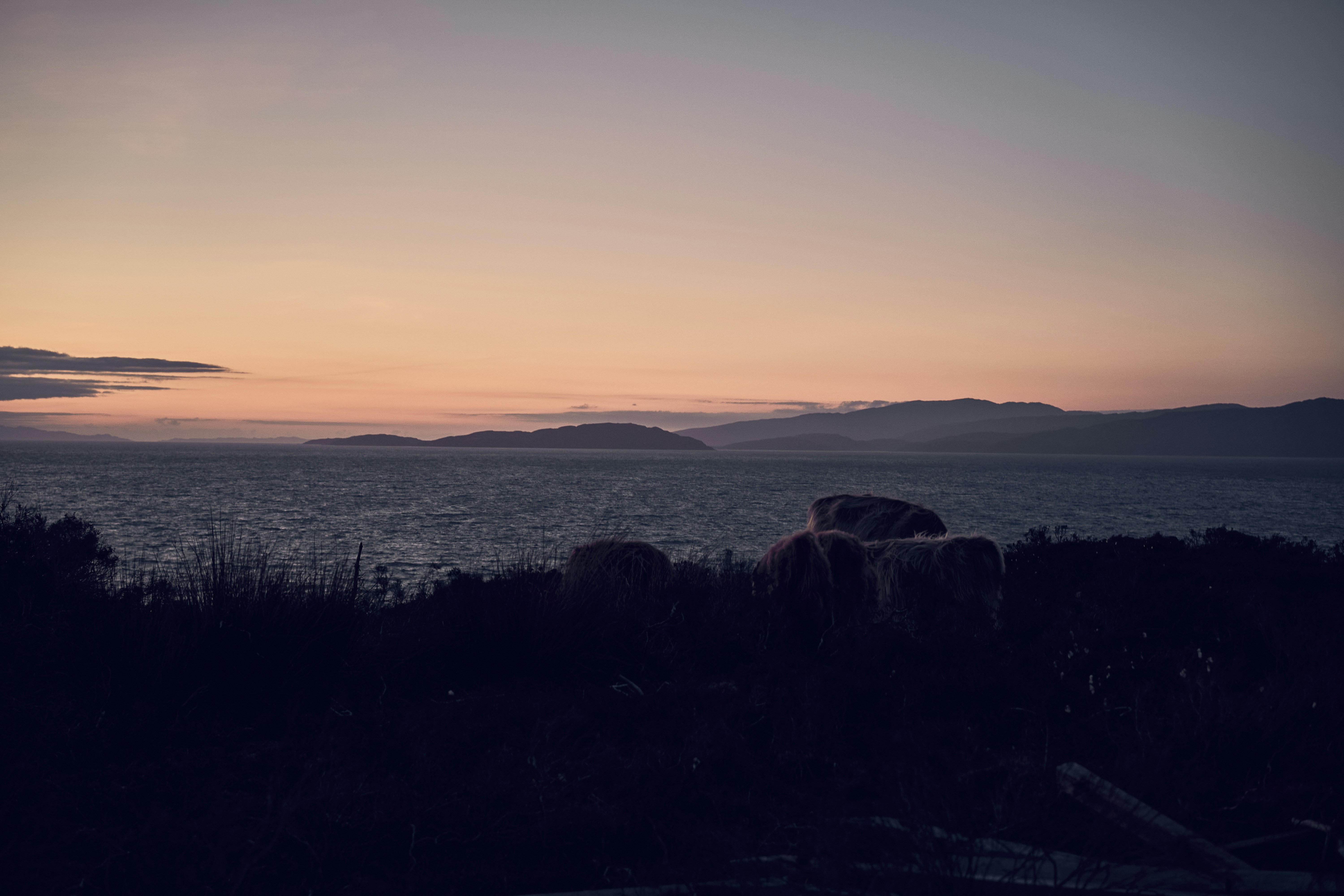 Evening light over the sea and hills of the Isle of Skye, Scotland.