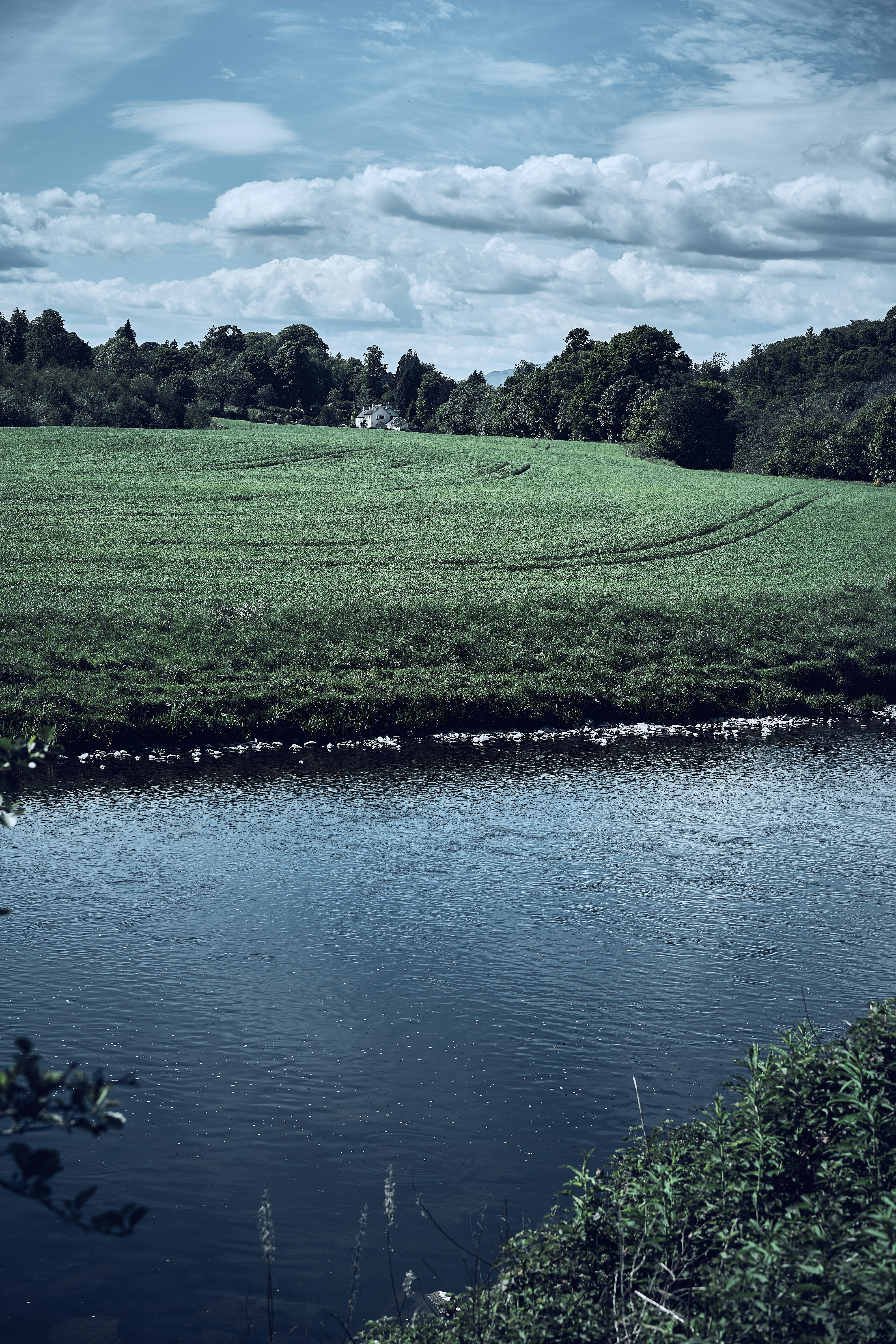 A quiet river and field in the Scottish countryside.
