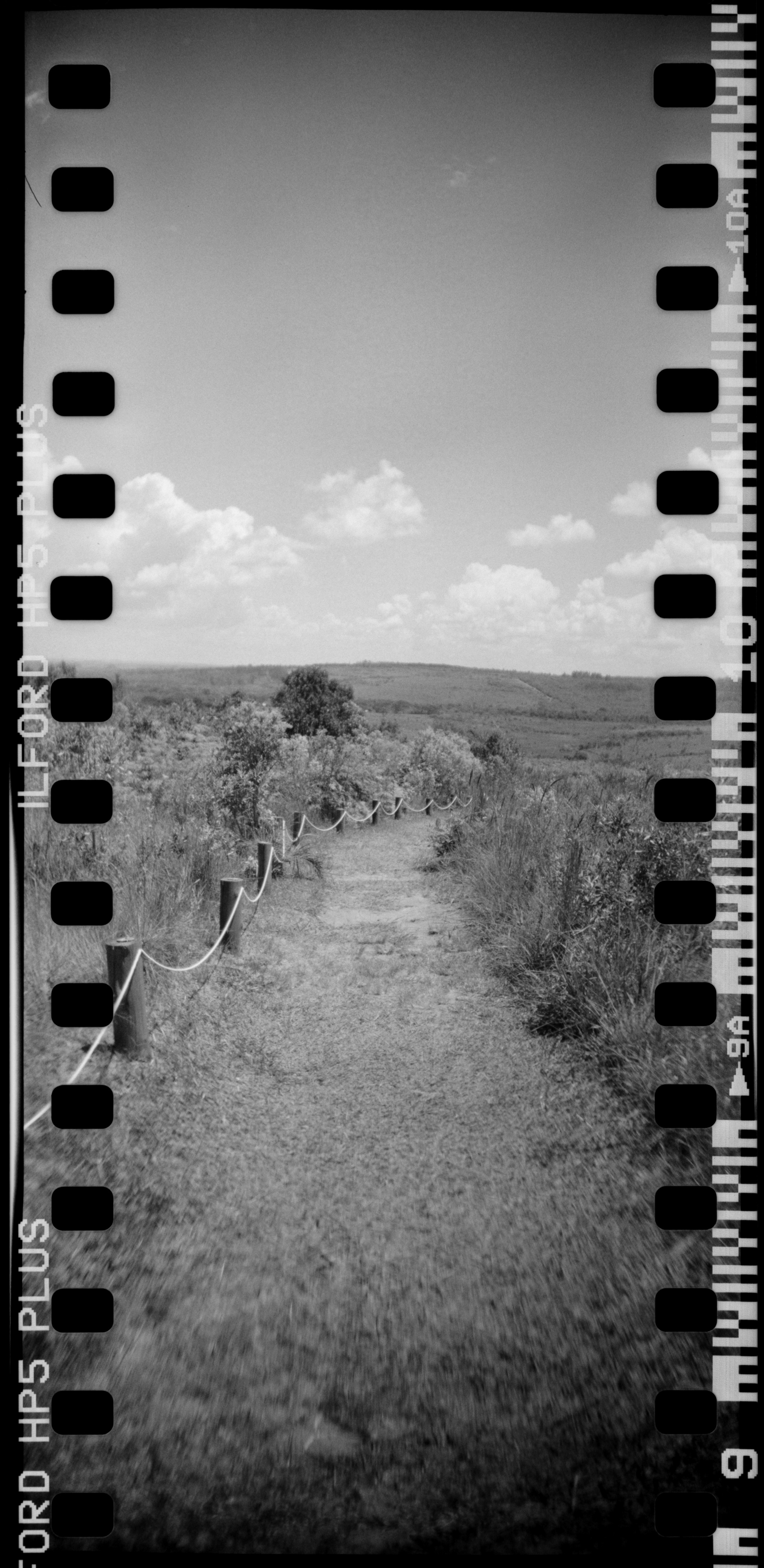 A dirt path with a rope fence through a grassy field under clouds