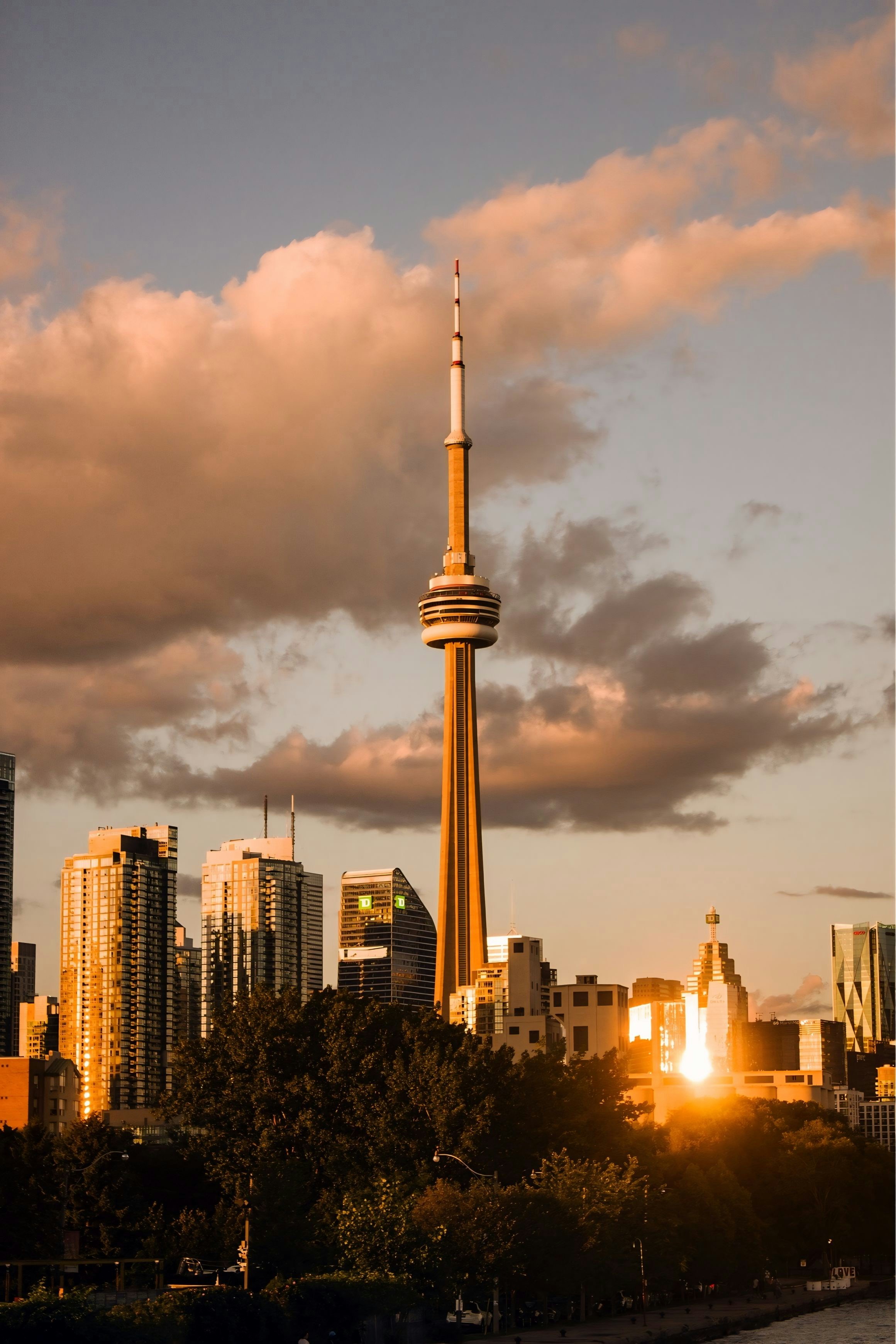The CN Tower rising above the Toronto skyline during the golden hour