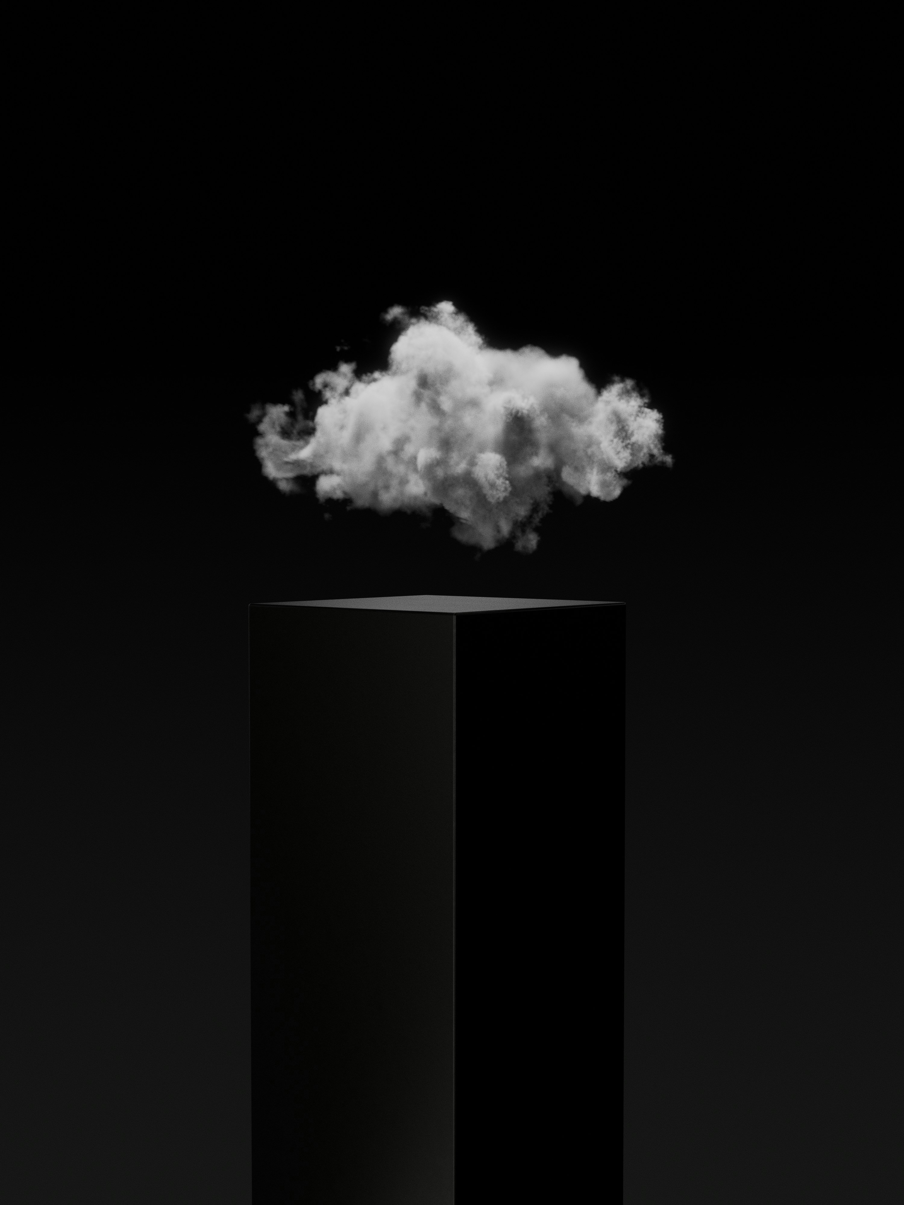 A single white cloud floating above a tall black pedestal against a black background