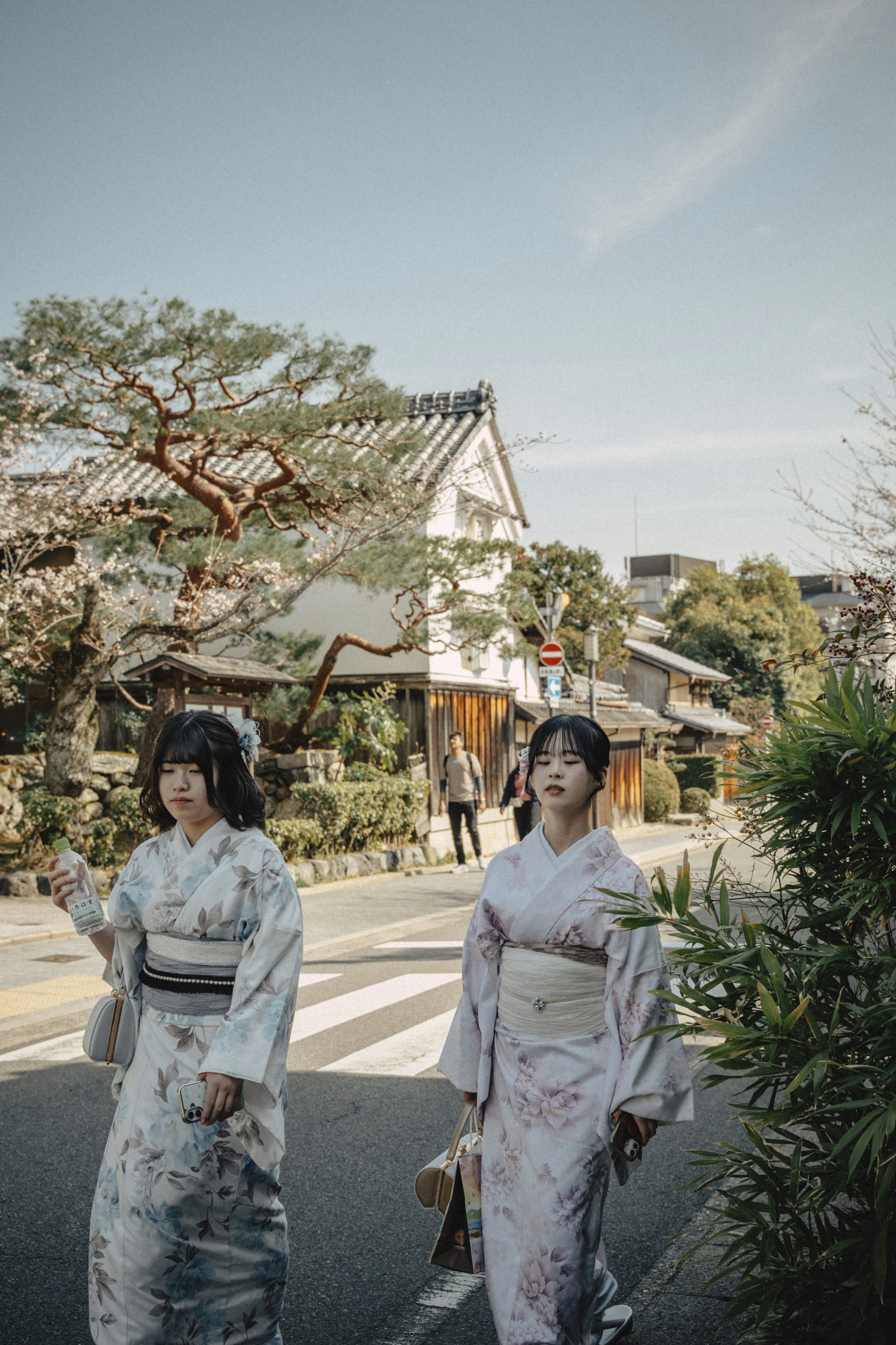 Due donne in kimono floreali che camminano lungo una strada a Kyoto, Giappone