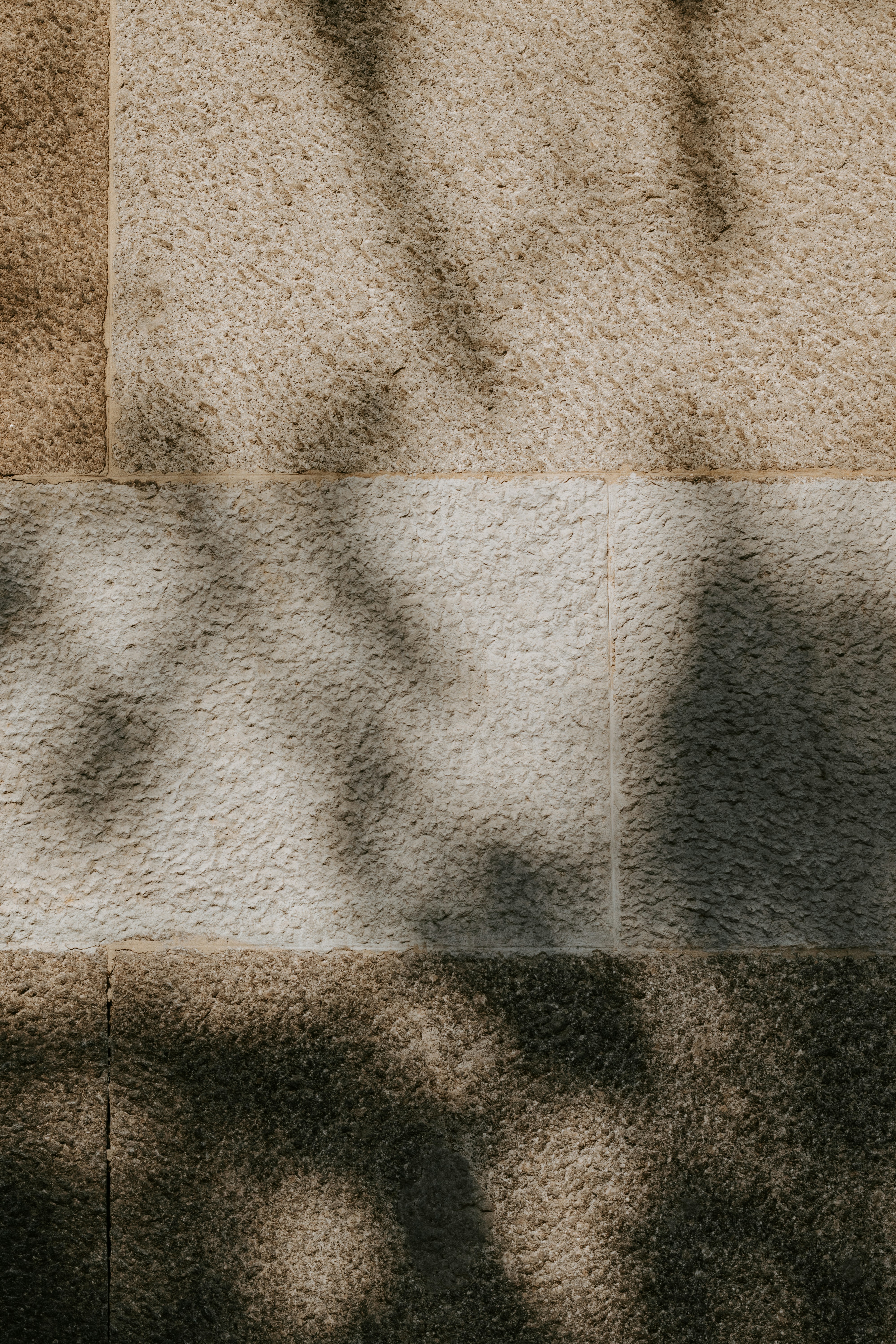Textured beige stone blocks with soft shadows cast by foliage