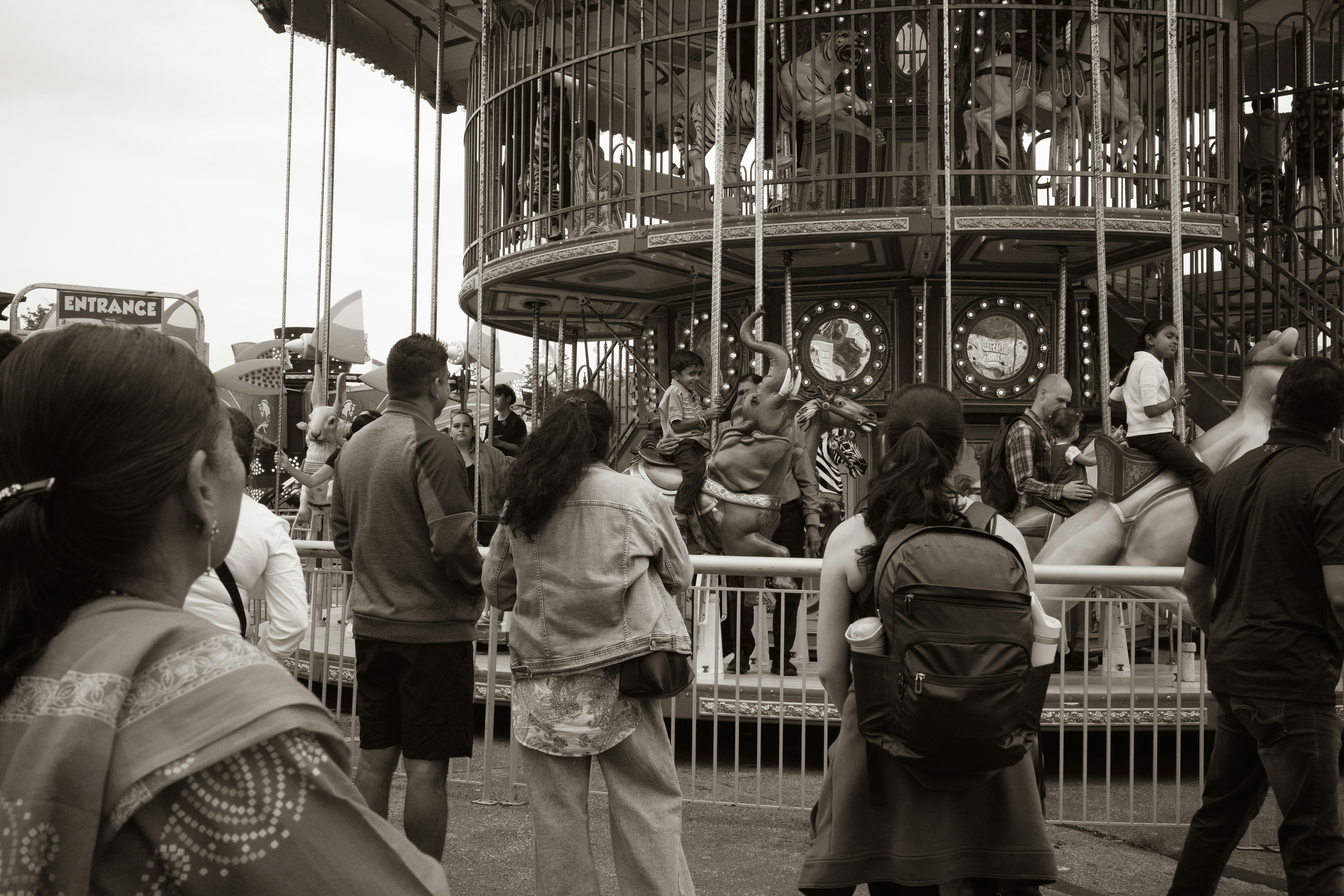 People standing in line at an entrance to a carousel with animal figures