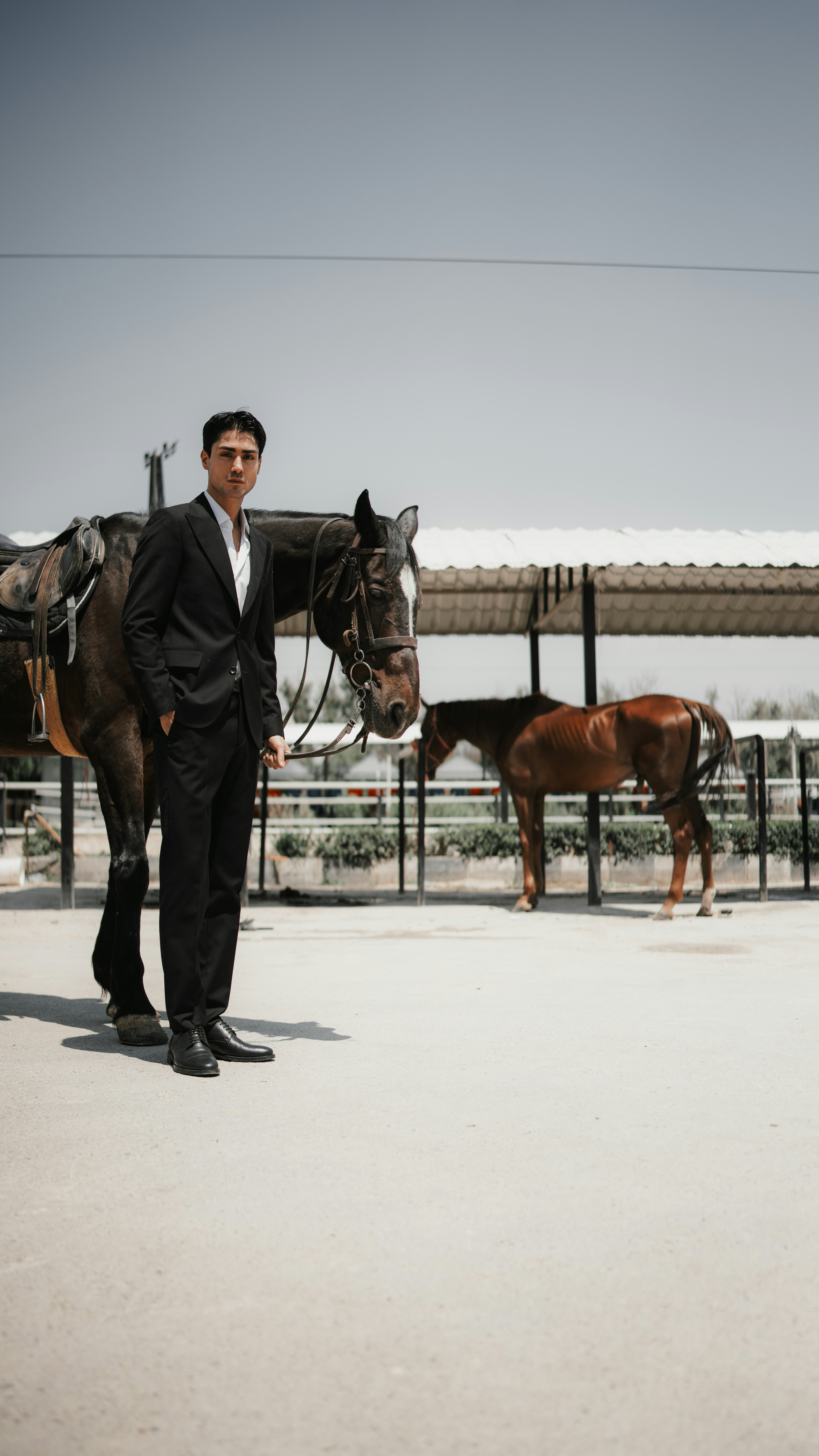 Standing by a saddled horse in the arena