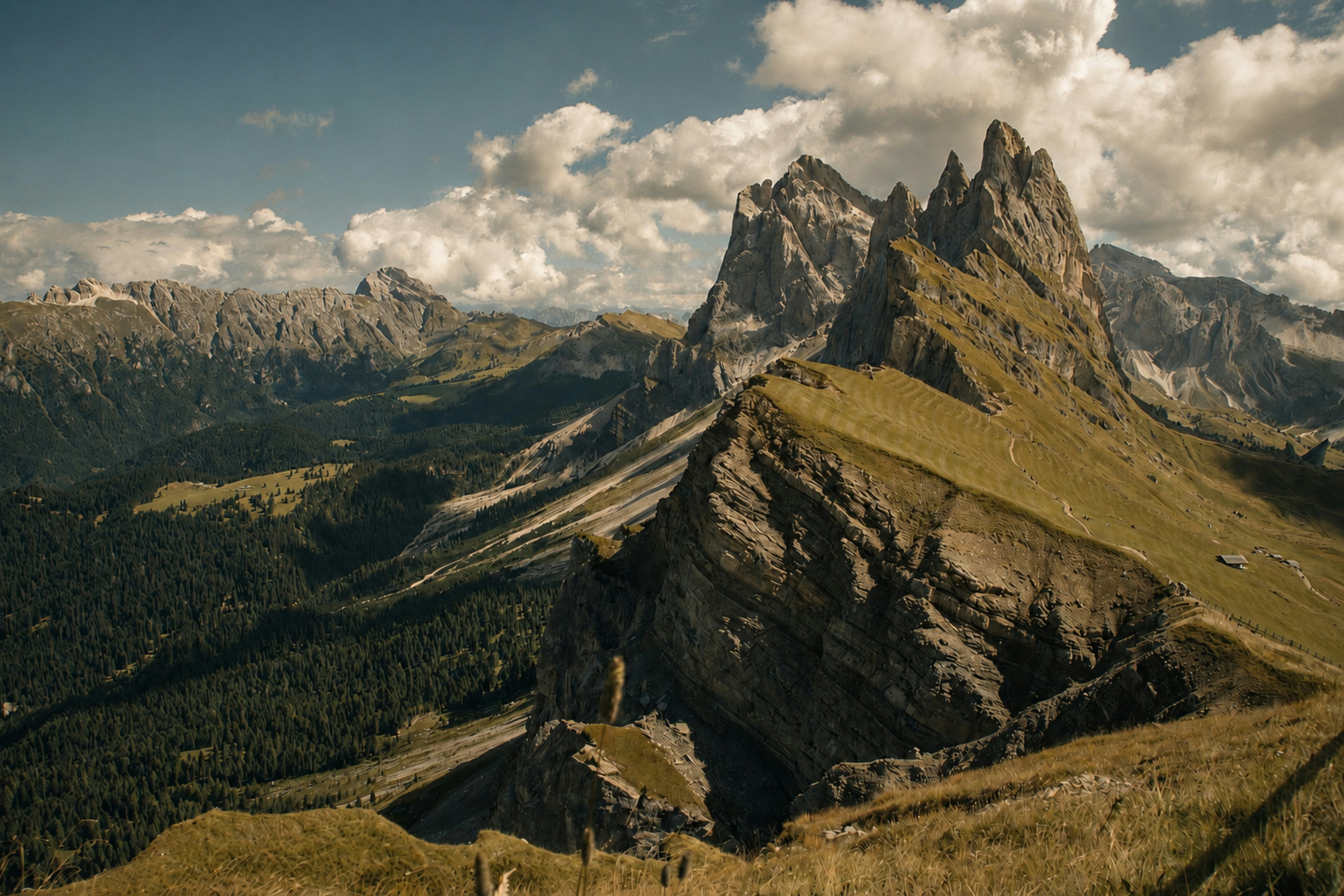 Des sommets de montagne déchiquetés s’élevant au-dessus d’une vallée vert profond sous un ciel nuageux