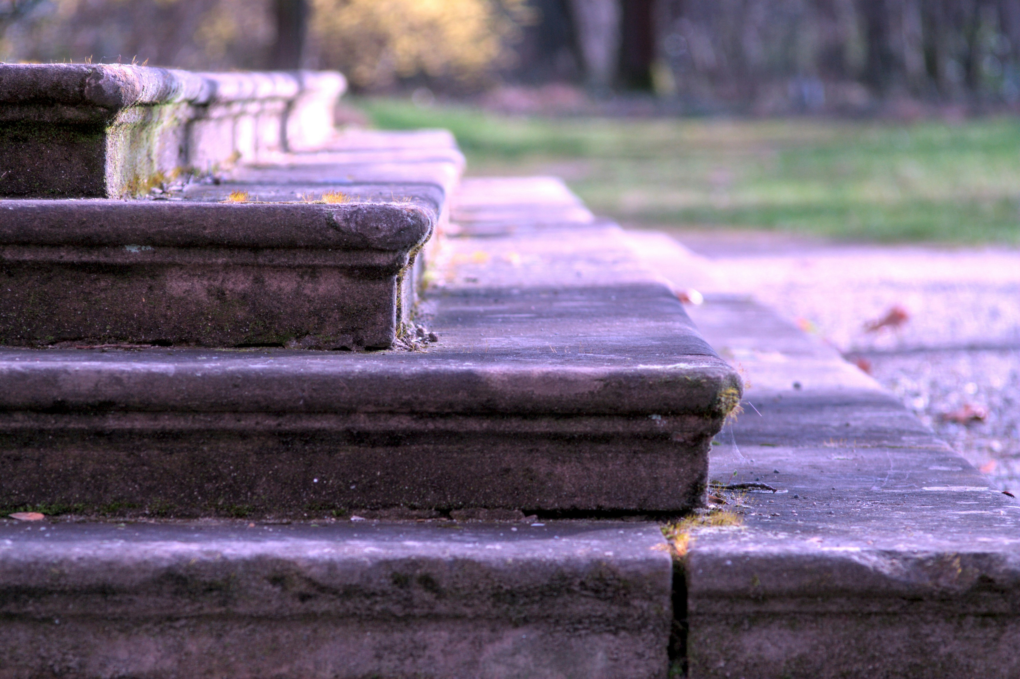 step stones for garden - Weathered stone steps with patches of moss in a park at dusk