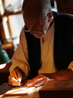 An elderly man carving a wooden block with a small tool in a workshop