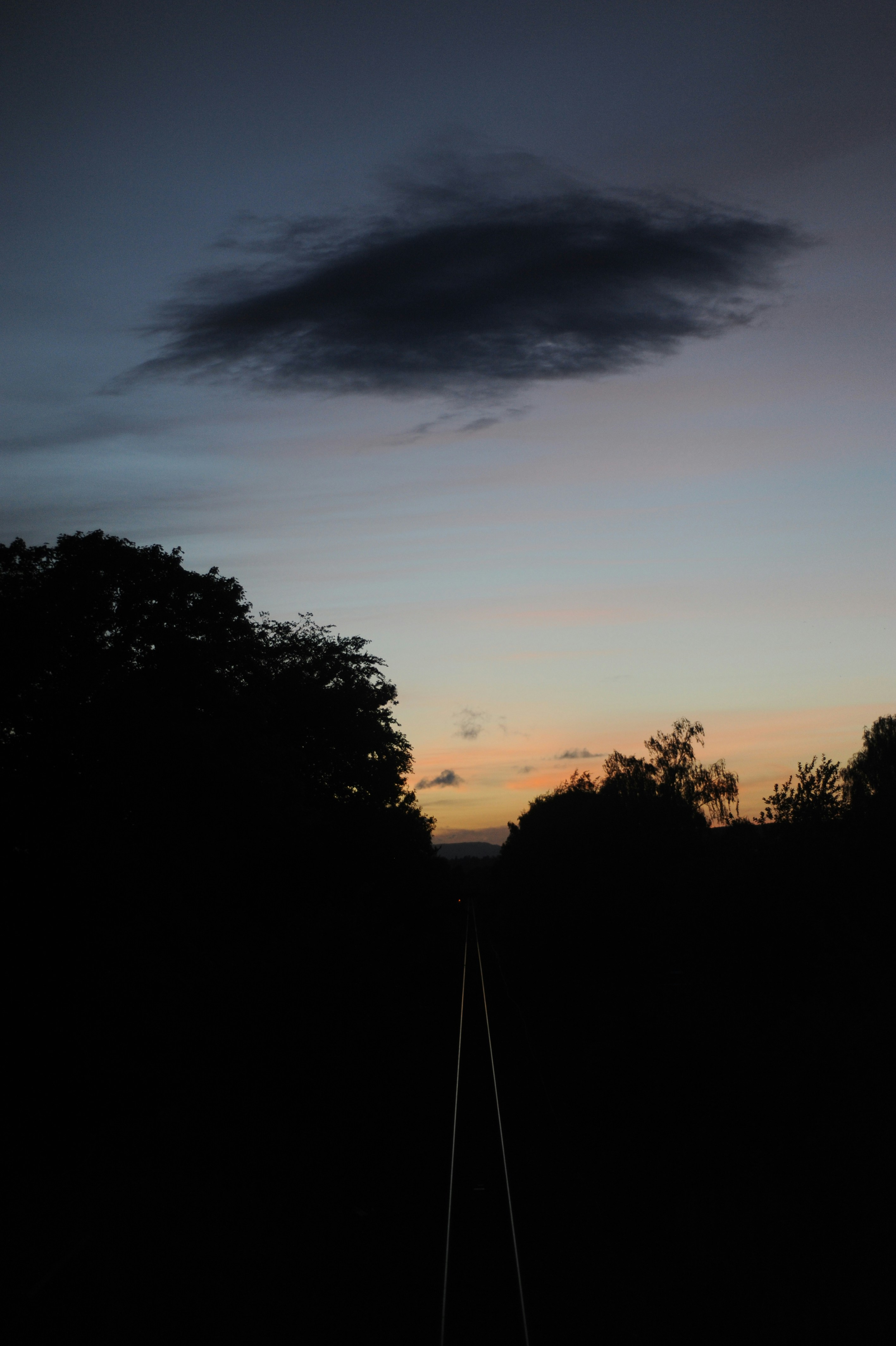 Railway tracks stretching into the distance between silhouetted trees under a colorful sky