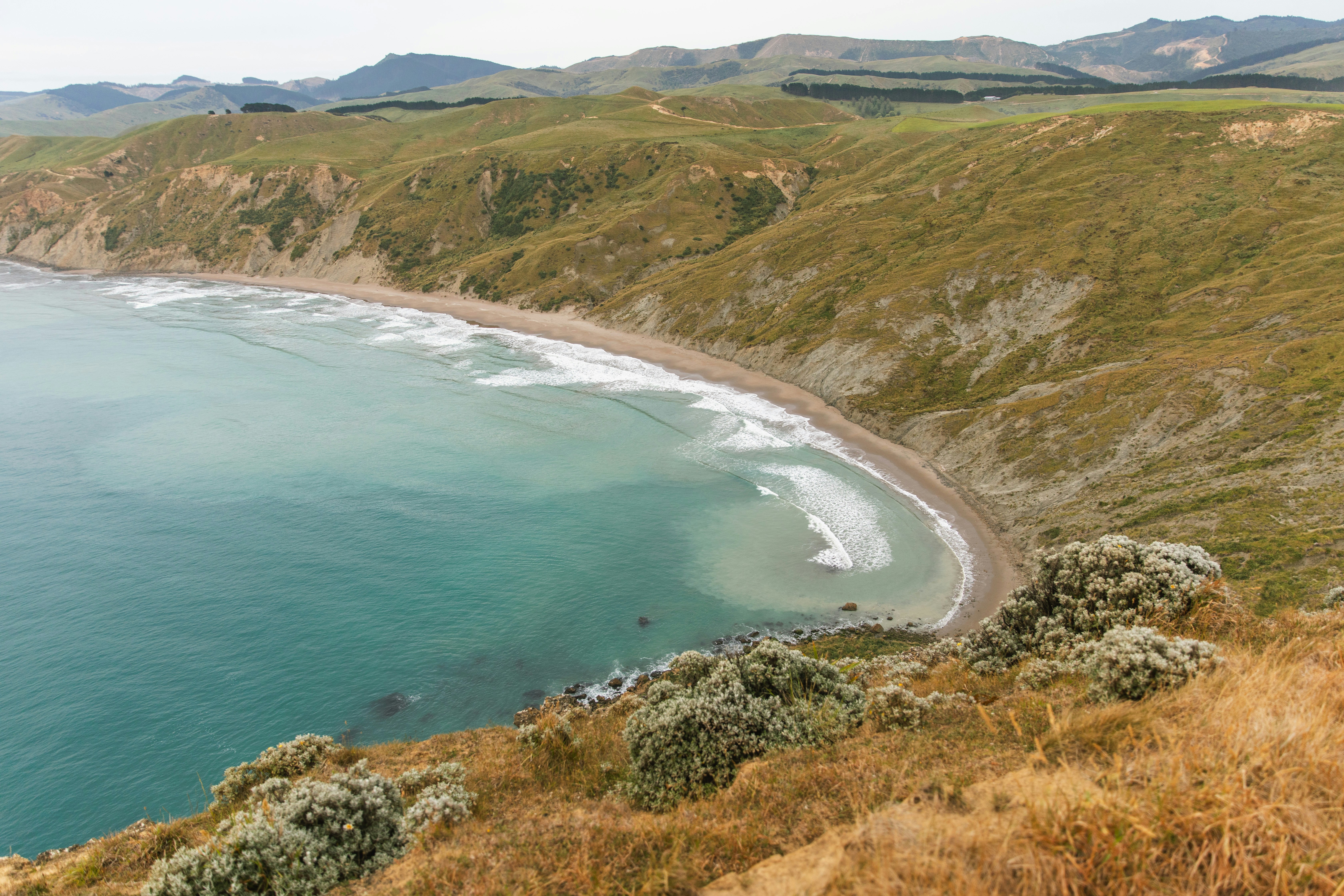 A sandy beach curving along a turquoise bay beneath rolling green coastal hills