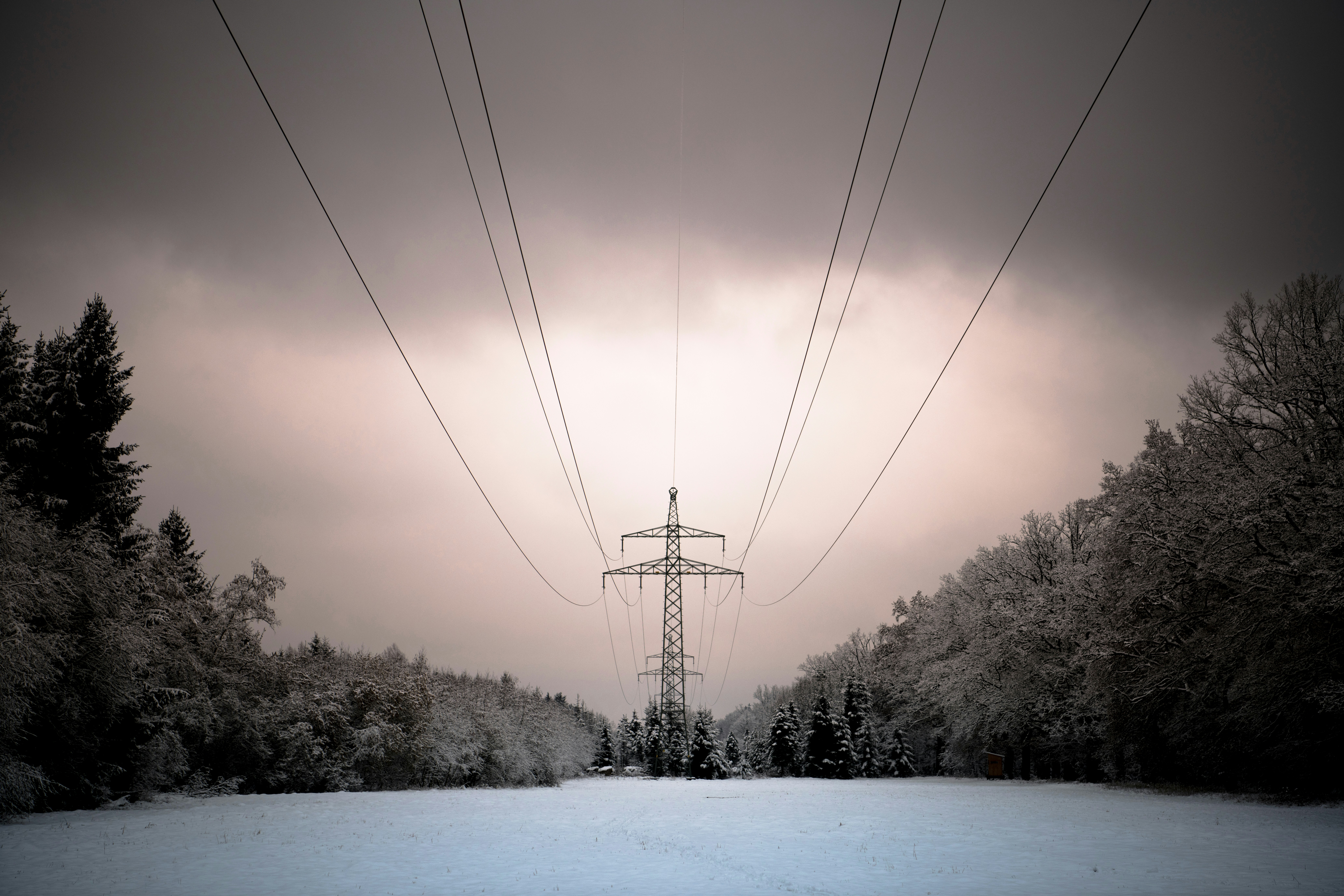 Ein metallener Strommast auf einem verschneiten Feld zwischen schneebedeckten Bäumen unter grauem Himmel