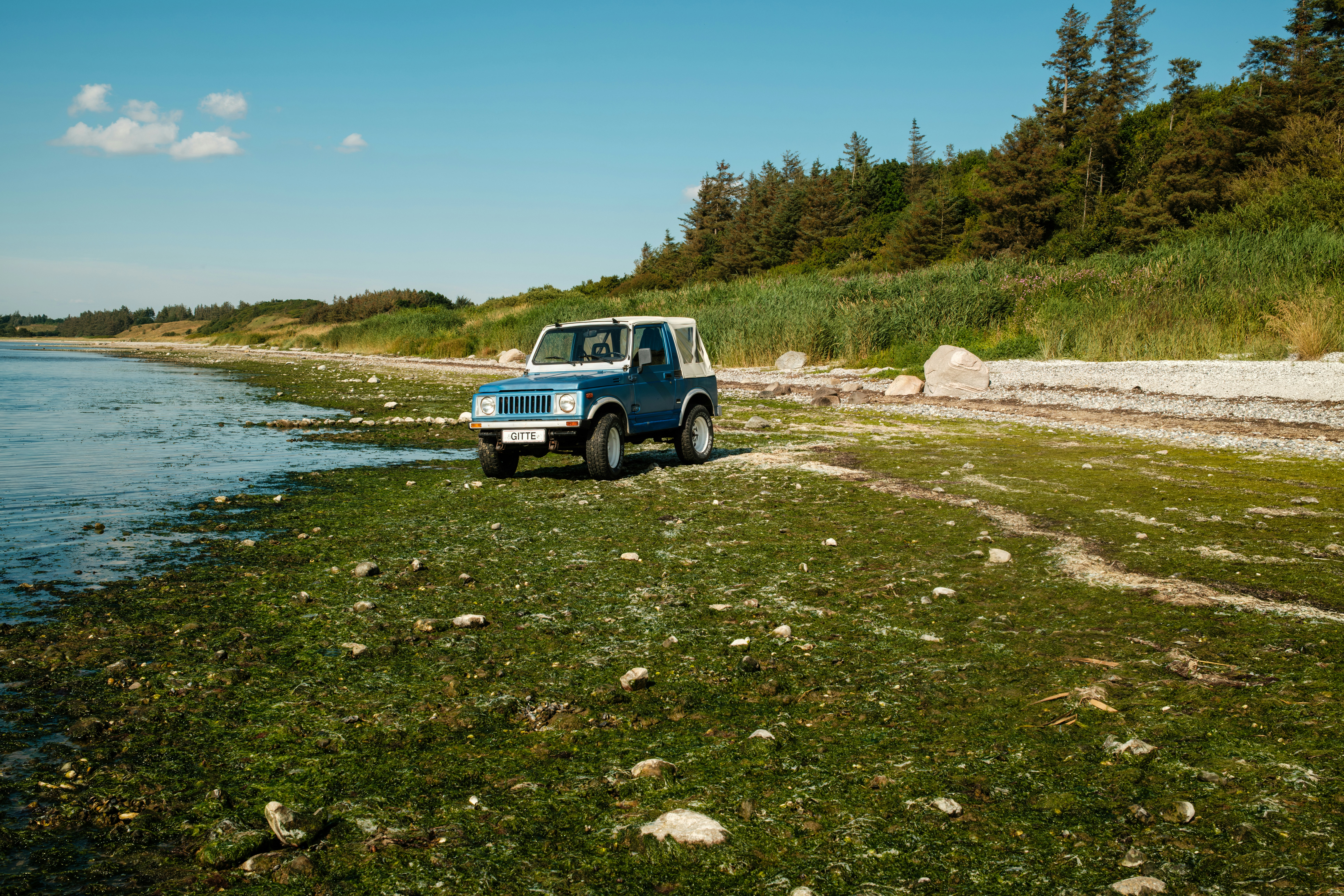 A blue Suzuki Samurai parked on a mossy shoreline beside a calm sea